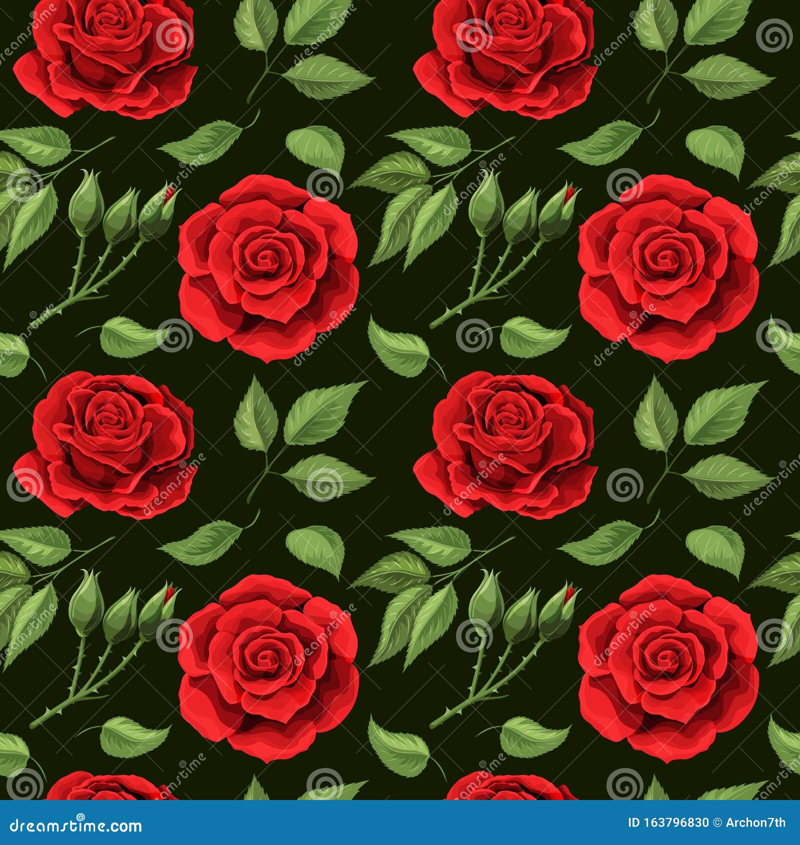 Red Roses Embroidery Seamless Pattern. Beautiful Buds of Red Roses on ...