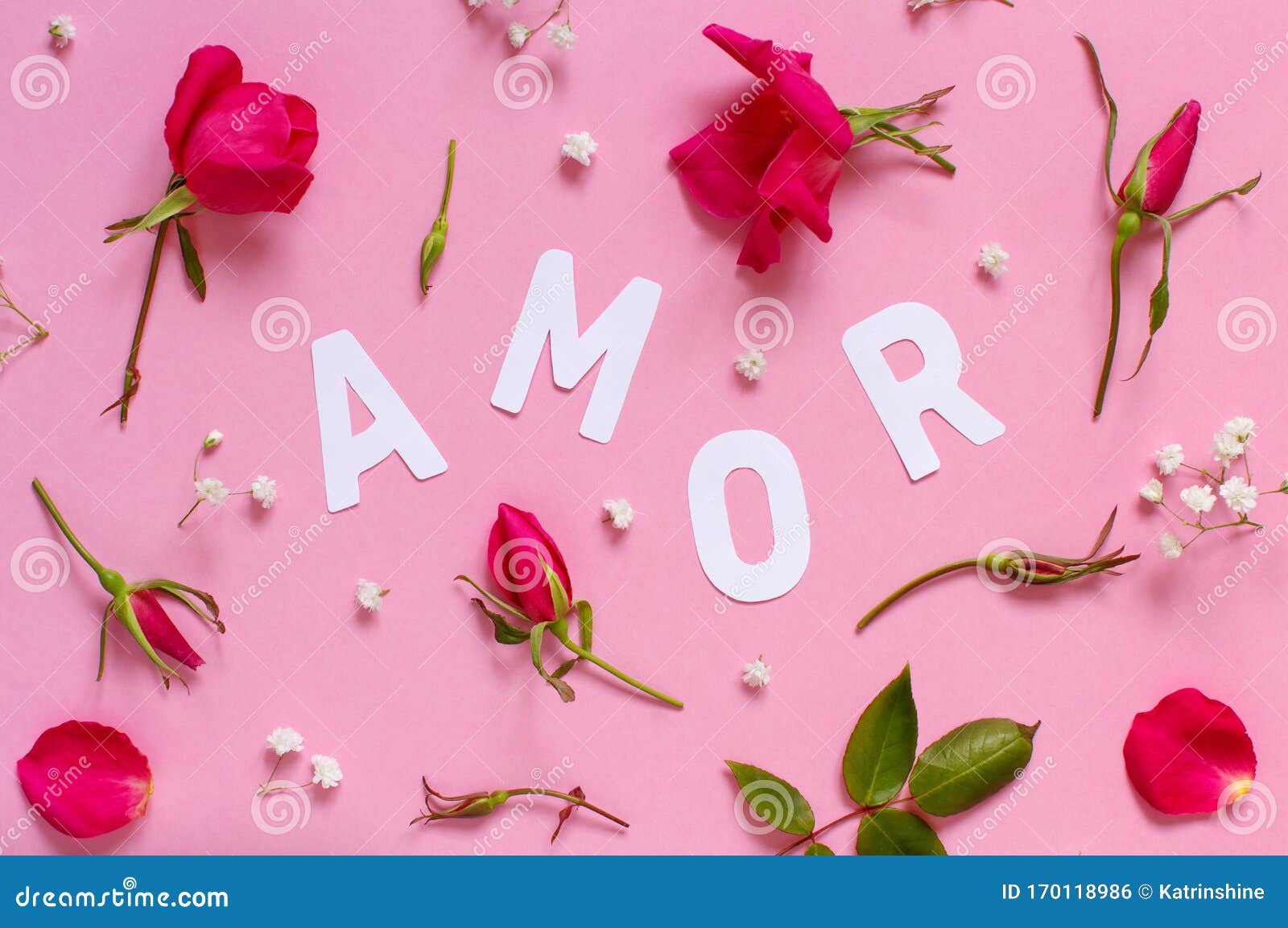 red roses and text amor on a light pink background