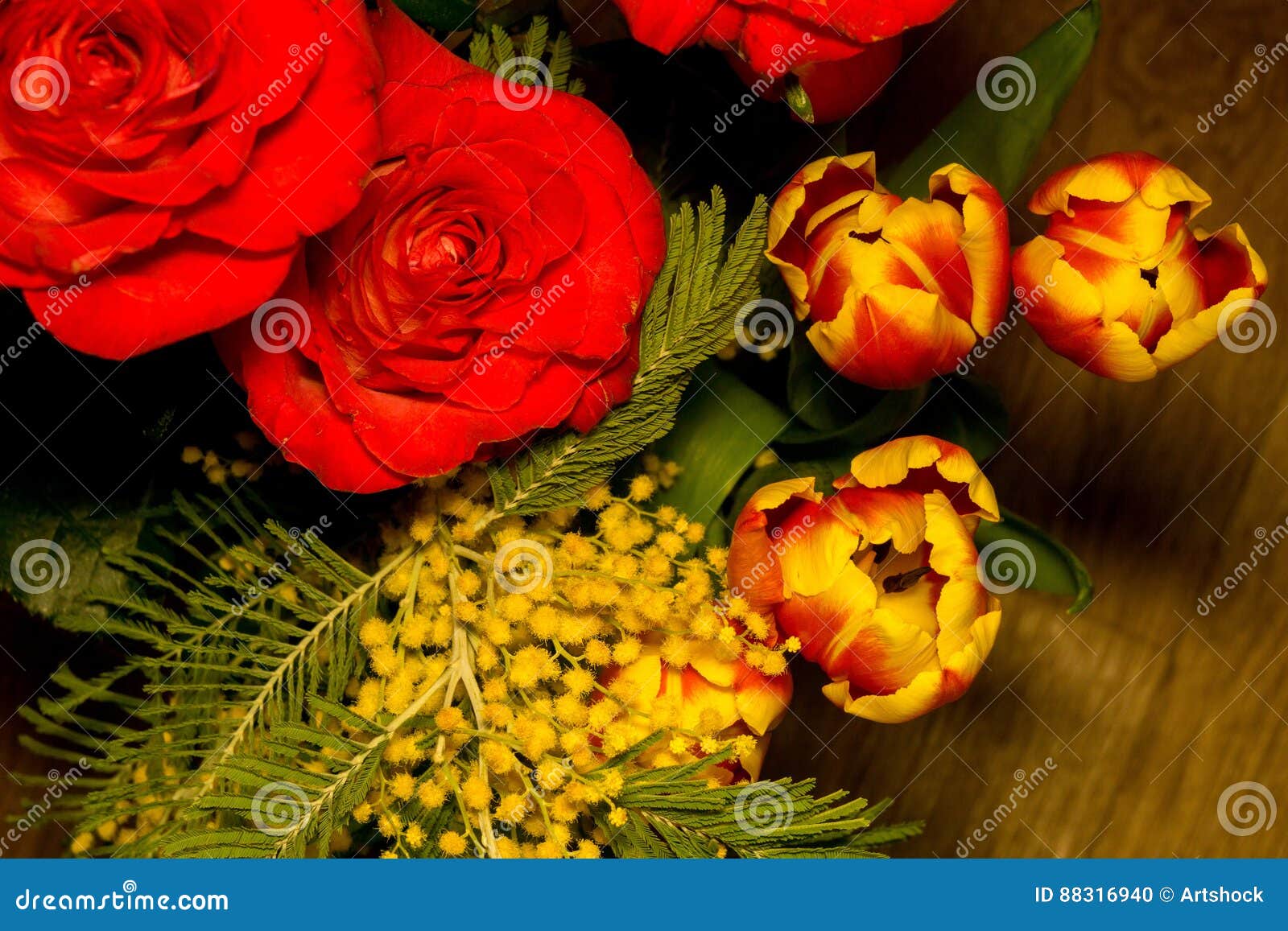 Red Roses and Tulips in a Bouquet Stock Photo Image of soft, green
