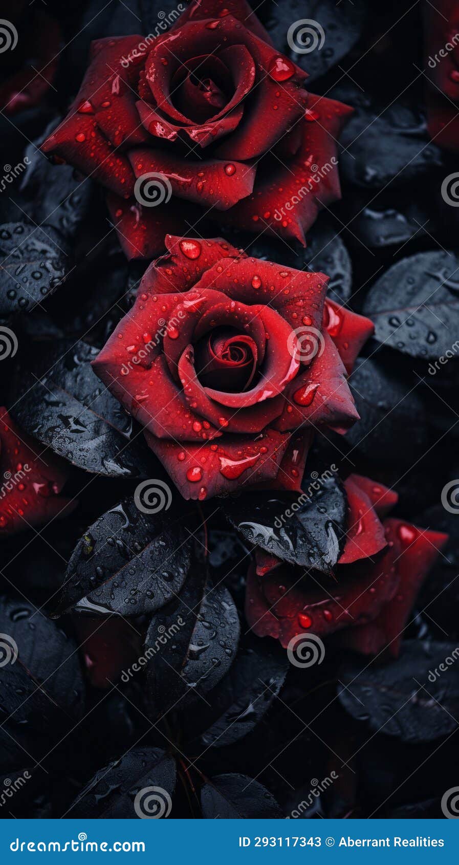 Red Roses with Water Droplets on Them in the Dark Stock Illustration