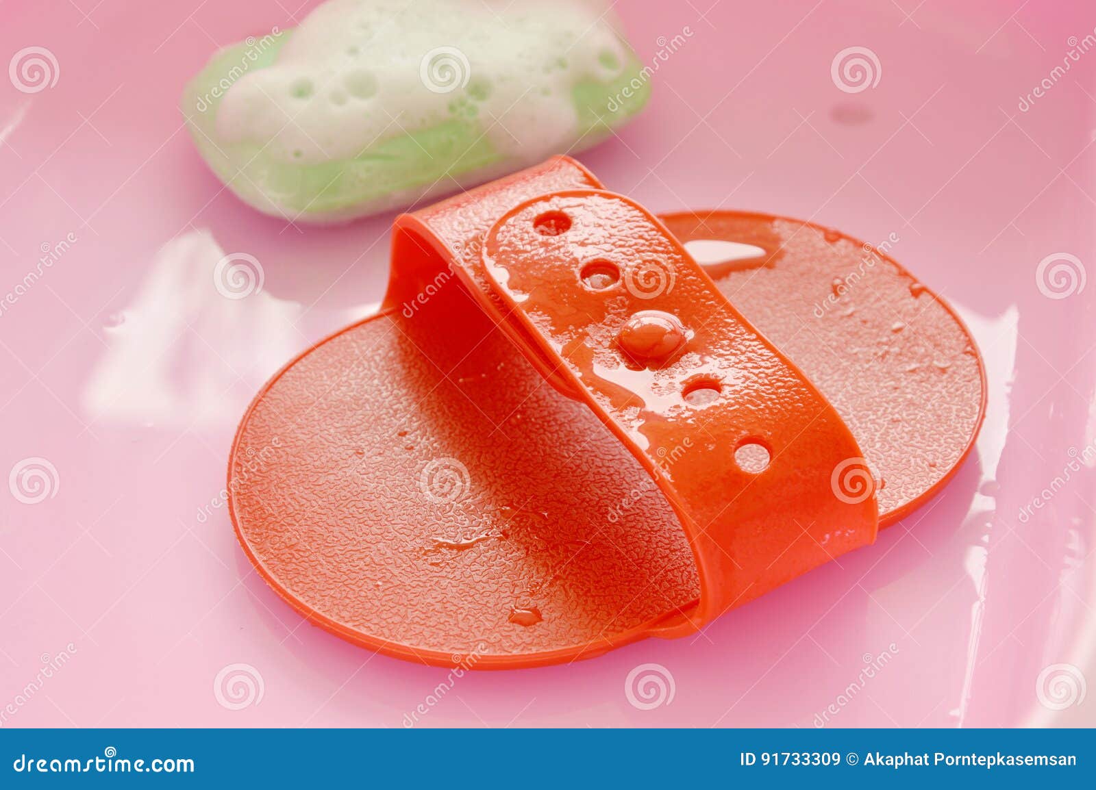 Red Rubber Dog Bath Brush and Pet Soap with Bubble on Pink Basin Stock Image Image of fashion