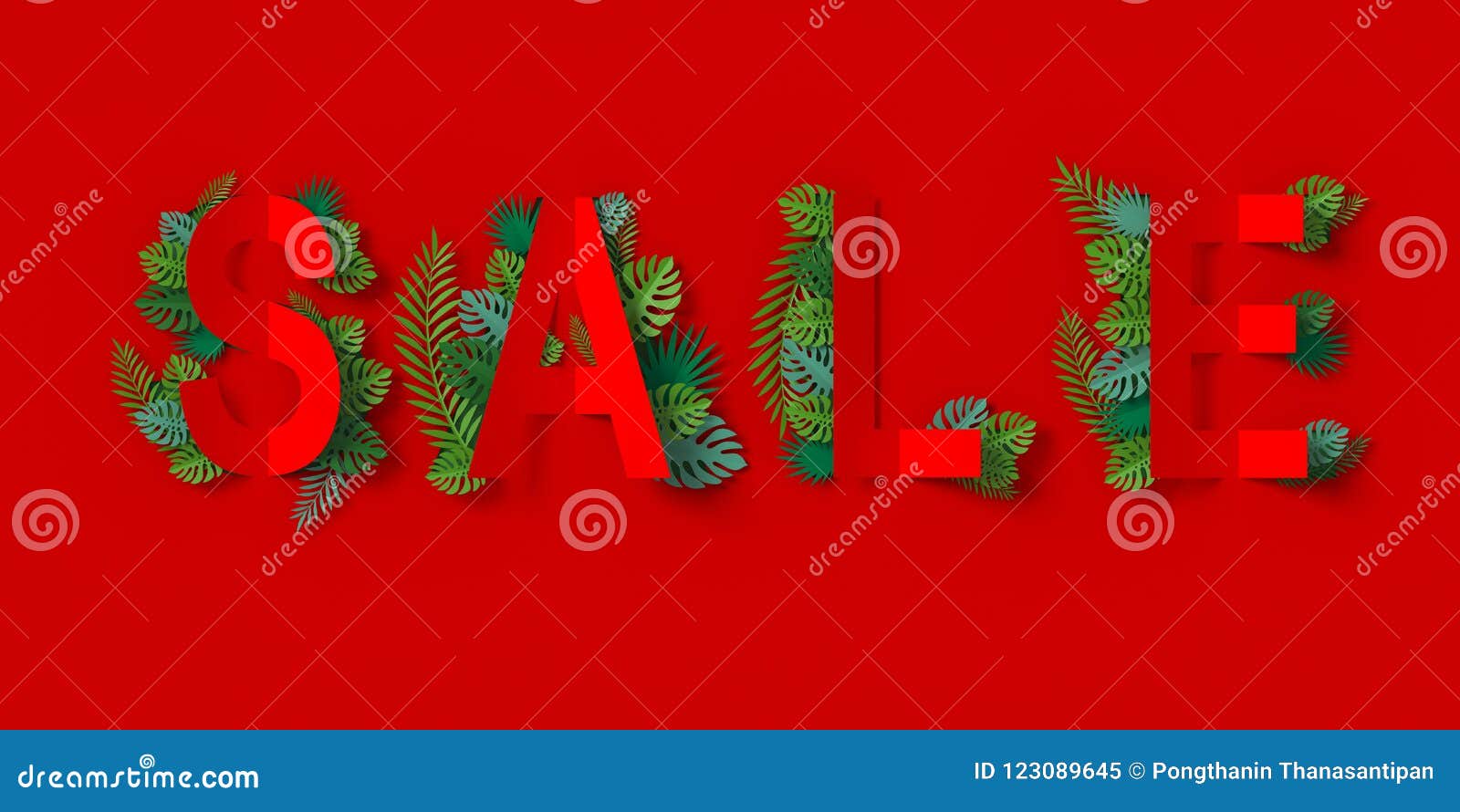 red sale banner with paper cut and green leaves paper craft floral 3d rendering, with clipping path.