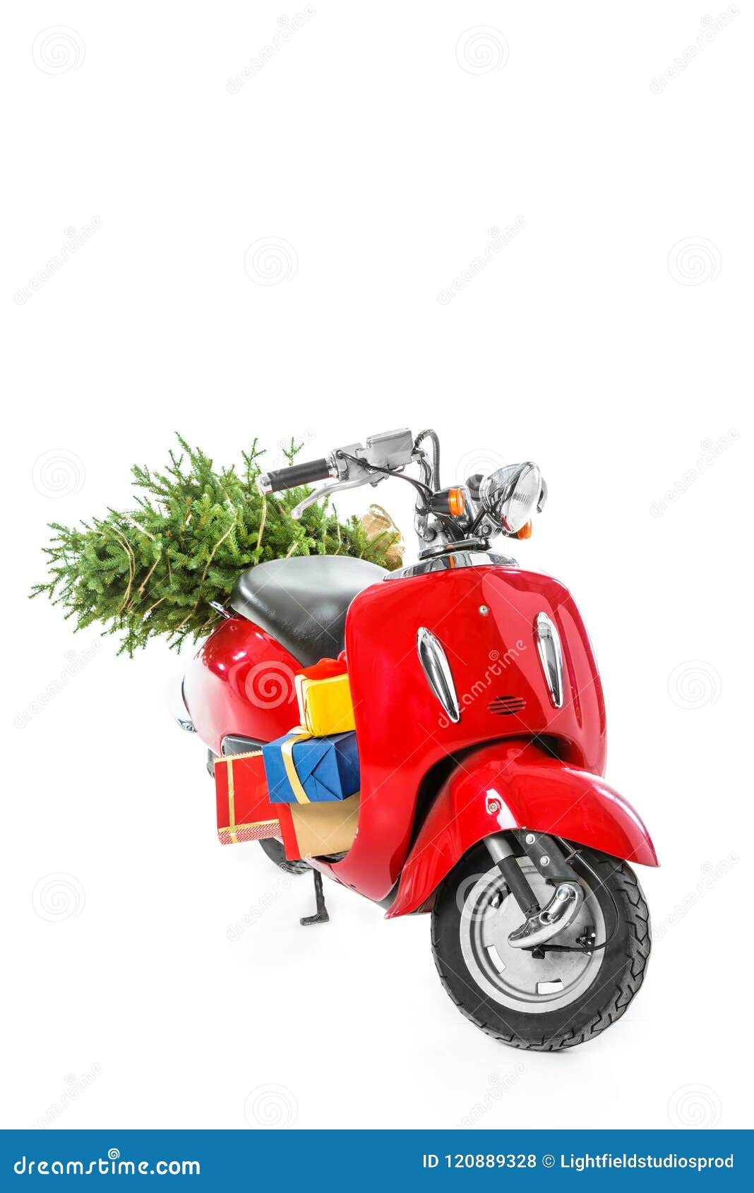 Red Scooter with Christmas Tree and Gift Boxes, Stock Photo Image of