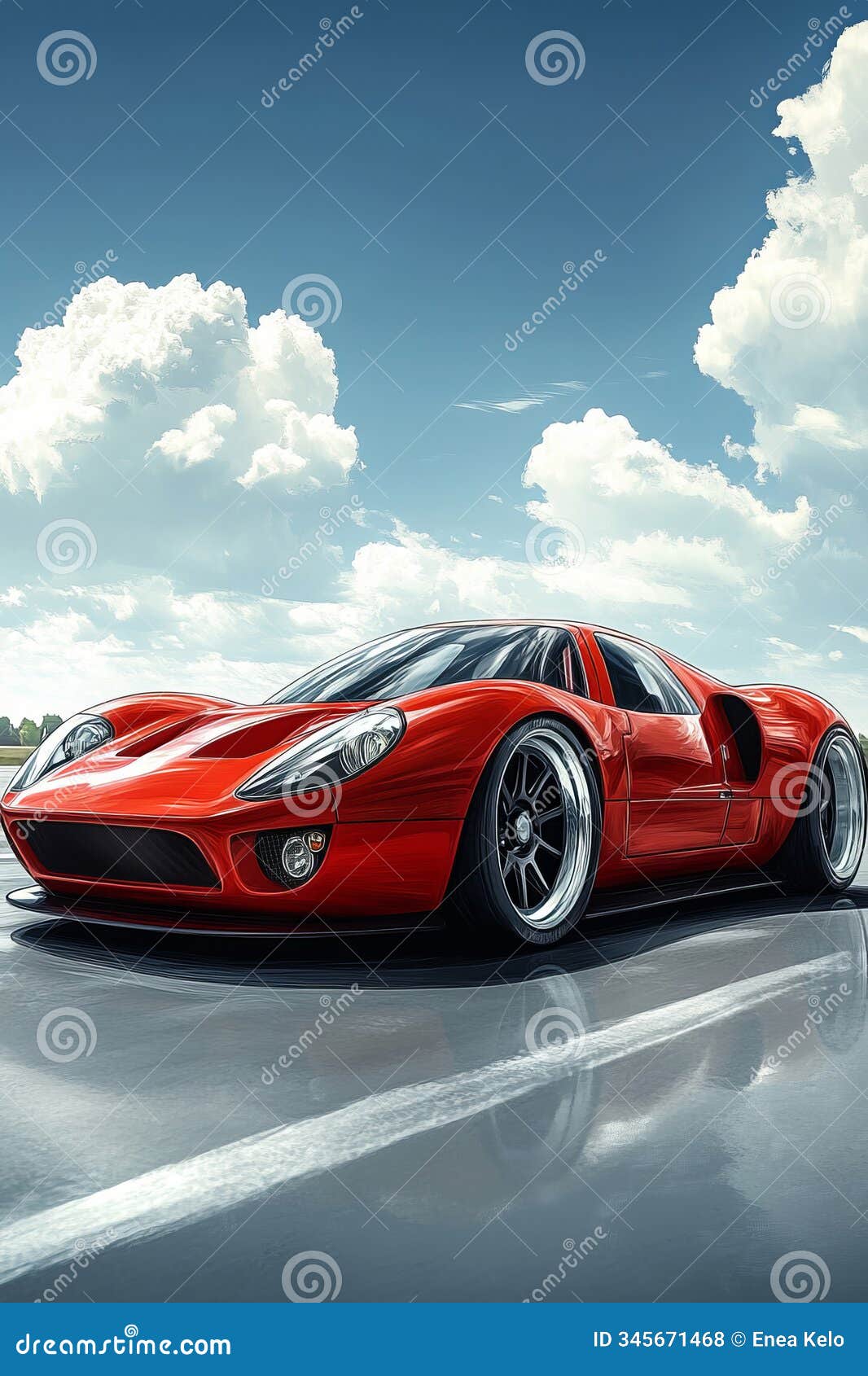 red sedan front view: digital painting on blue