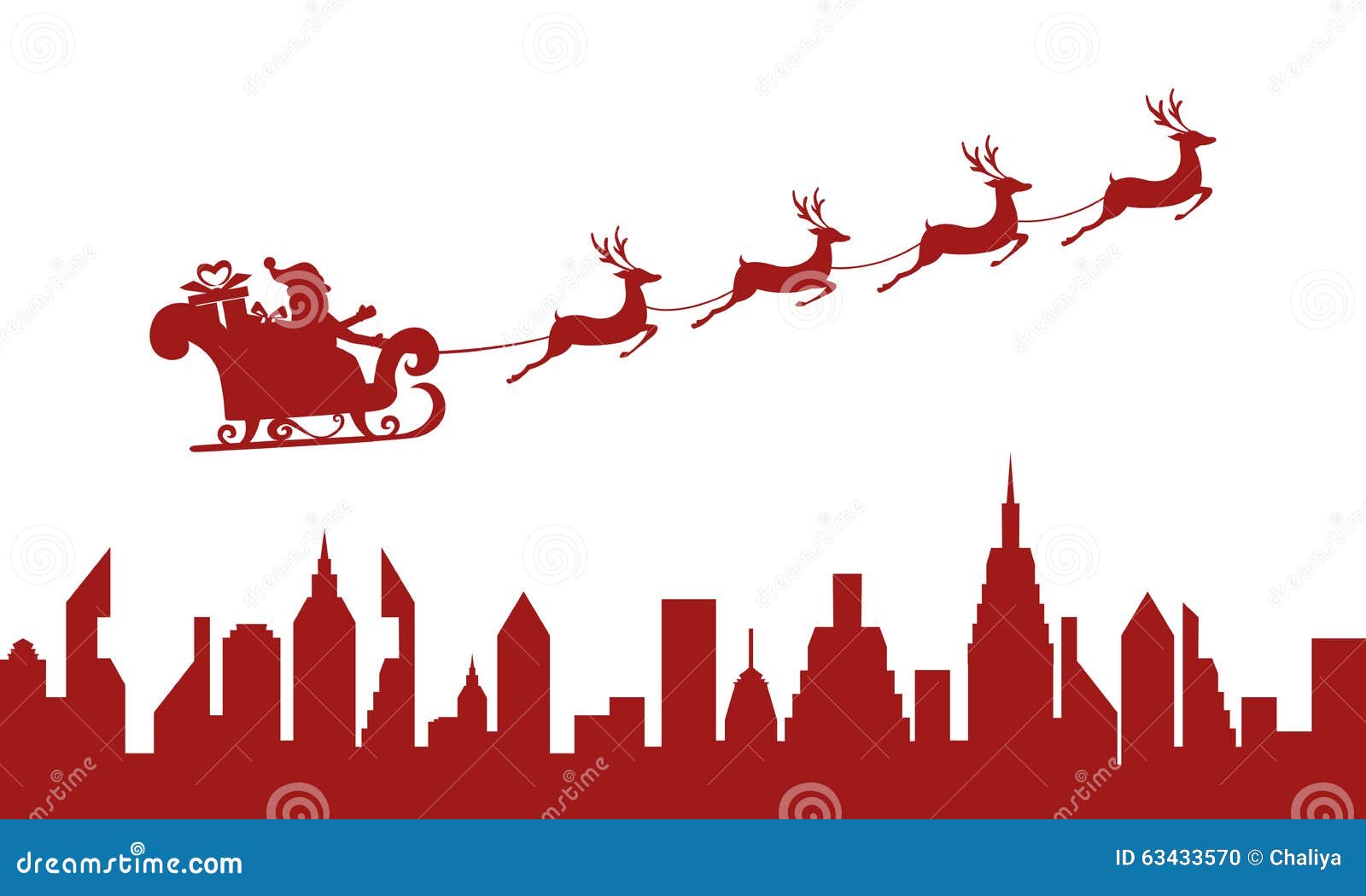 Red Silhouette. Santa Claus Flying Over A City With Reindeer Sleigh