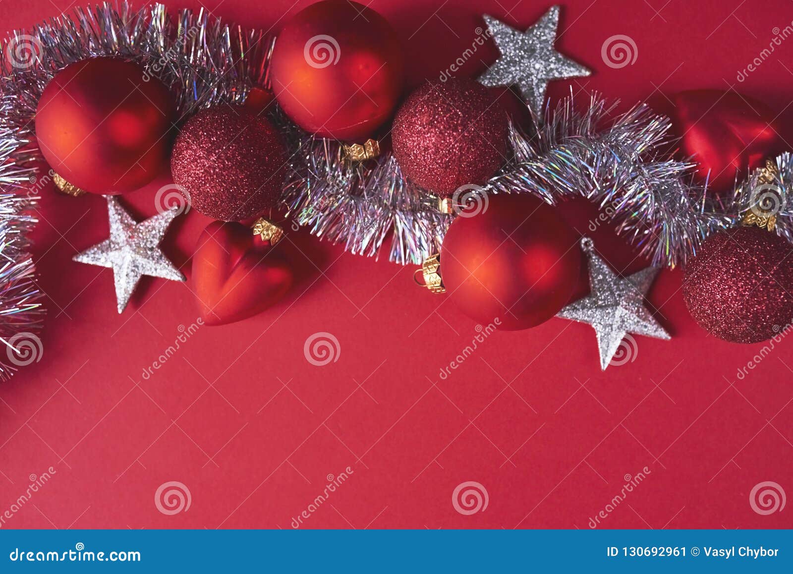 Red and Silver Christmas Decoration on Red Background. Design Mo Stock Image Image of space
