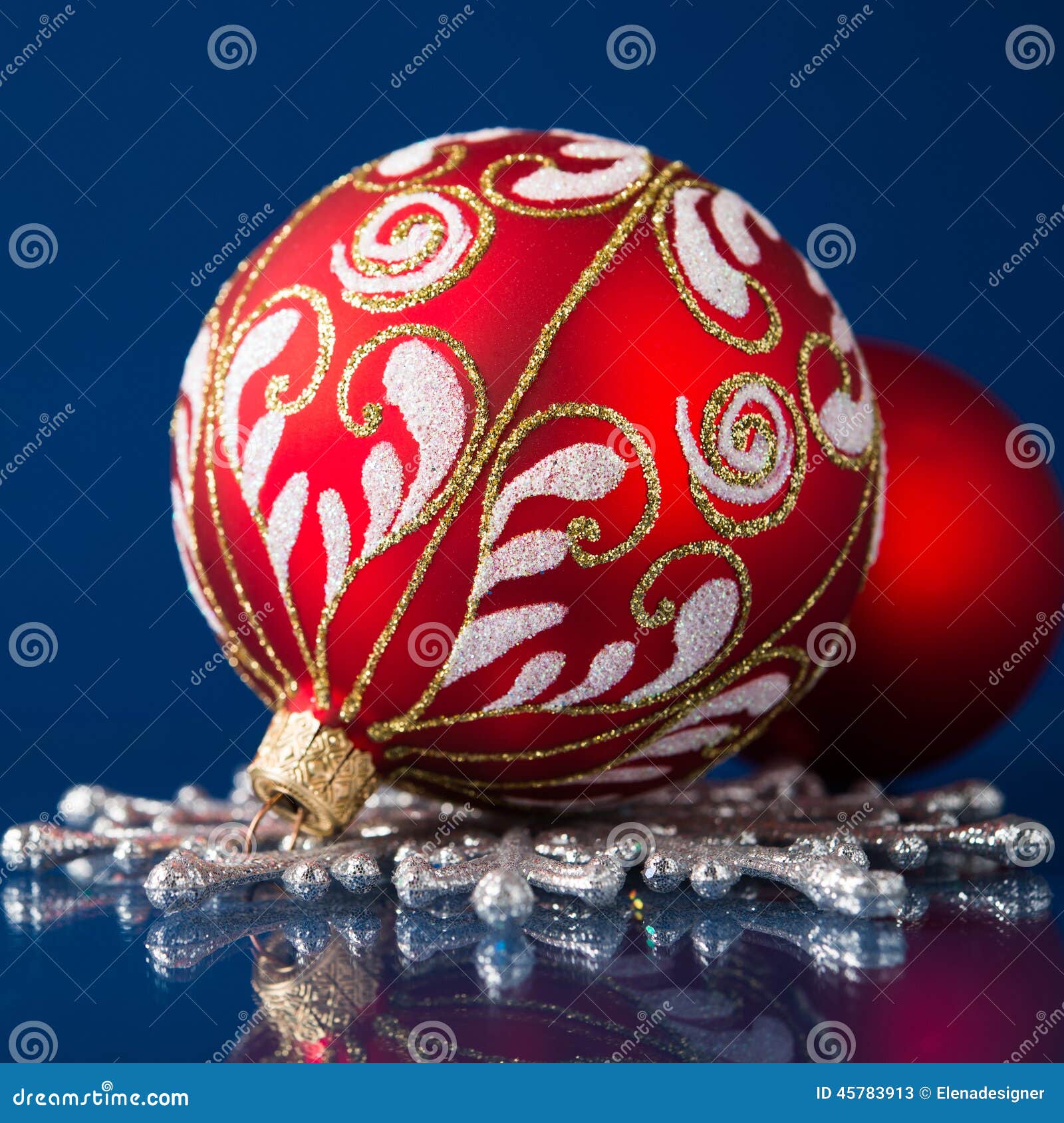 Red and Silver Christmas Ornaments on Dark Blue Background Stock Image ...