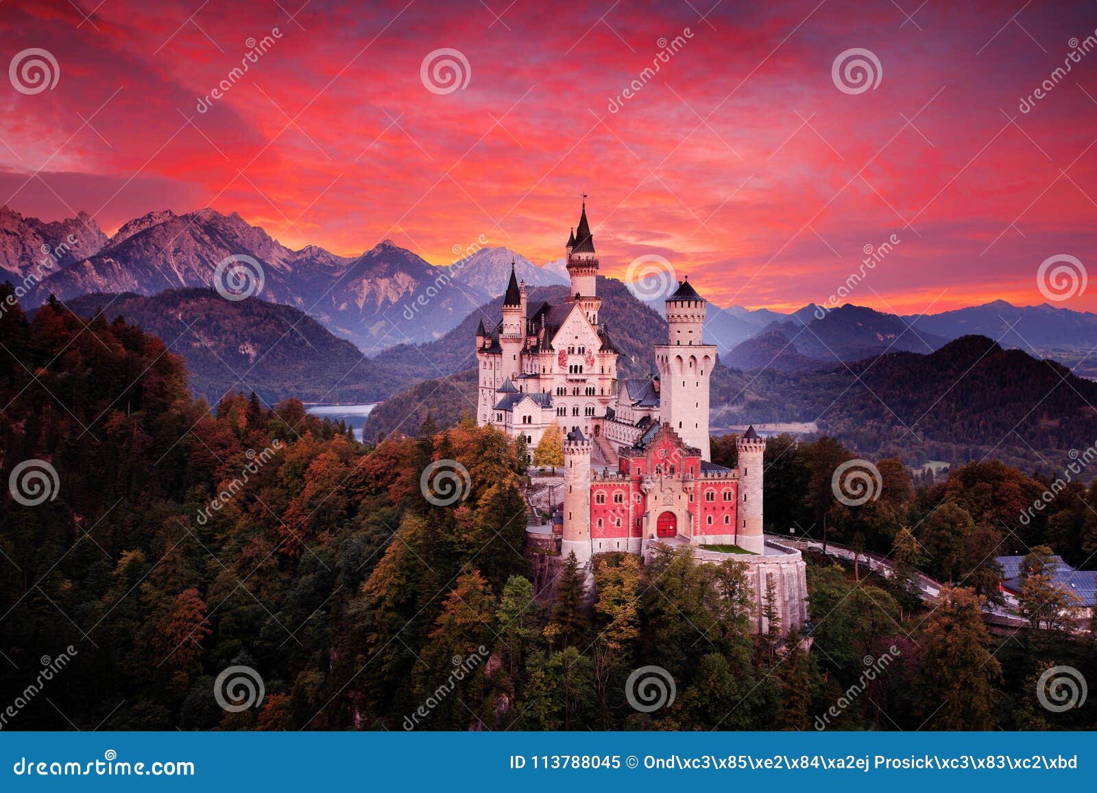neuschwanstein fairy tale castle. beautiful sunset view of the bloody clouds with autumn colours in trees, twilight night, bavaria