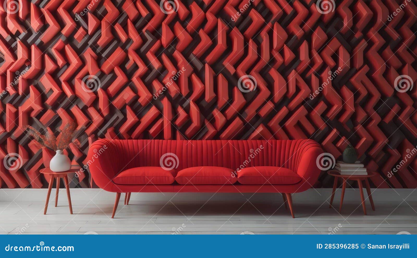 Red Sofa in Modern Living Room with Red Wall. Generative Ai Stock Image