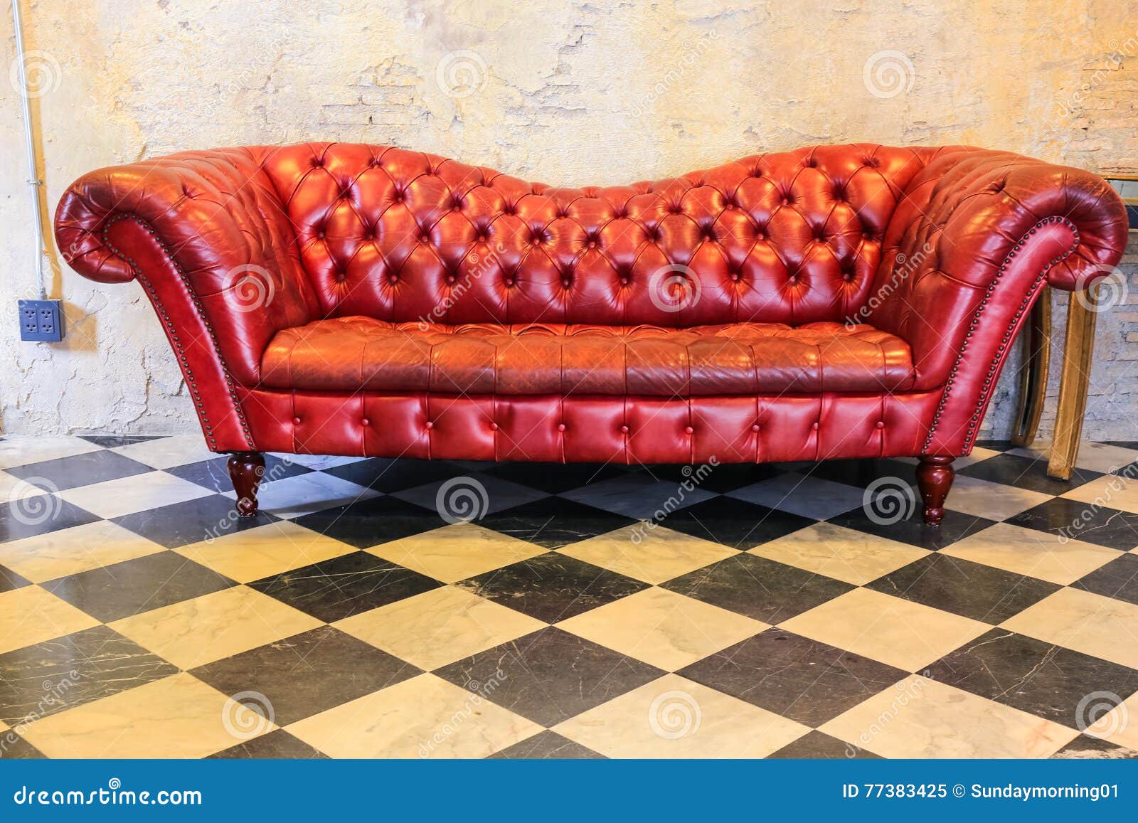 Red Sofa at Old Blick Wall on Checkered Floor Stock Illustration