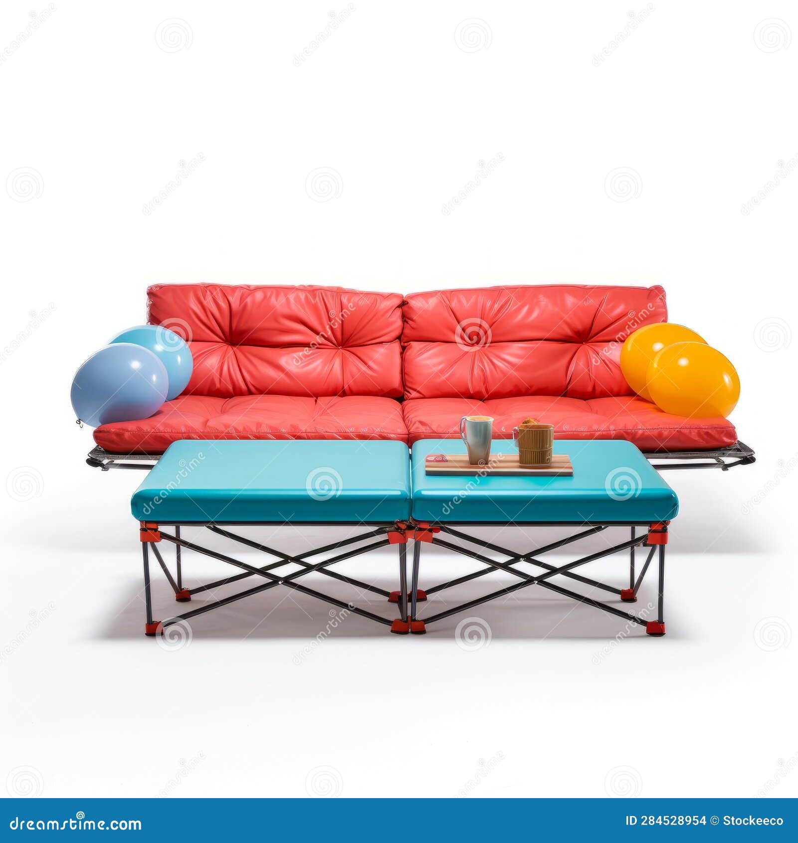 kitsch and camp charm: red, black, and blue couch table for camping