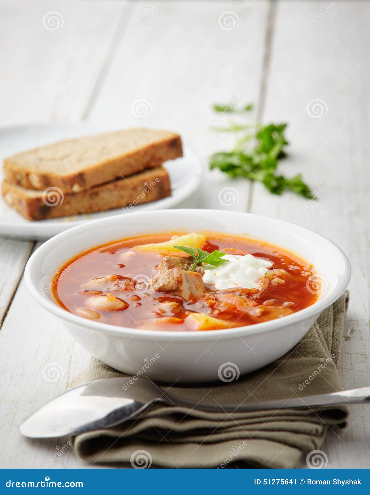 Ukrainian national red soup borsch with meat