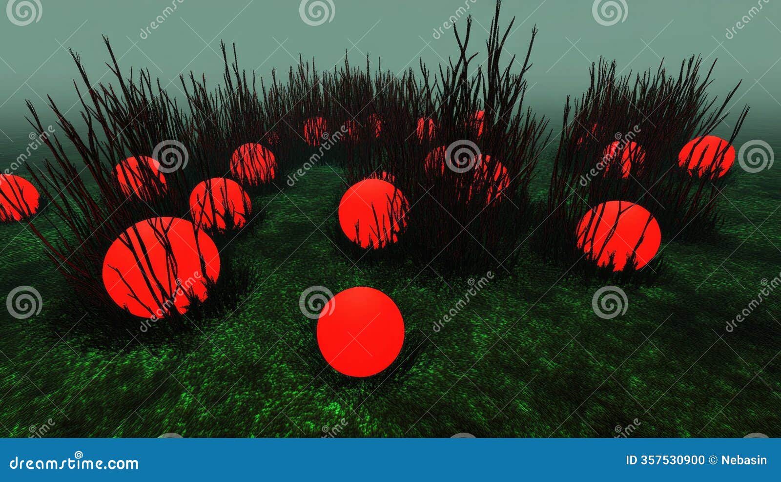 red spheres and black grass on misty green landscape