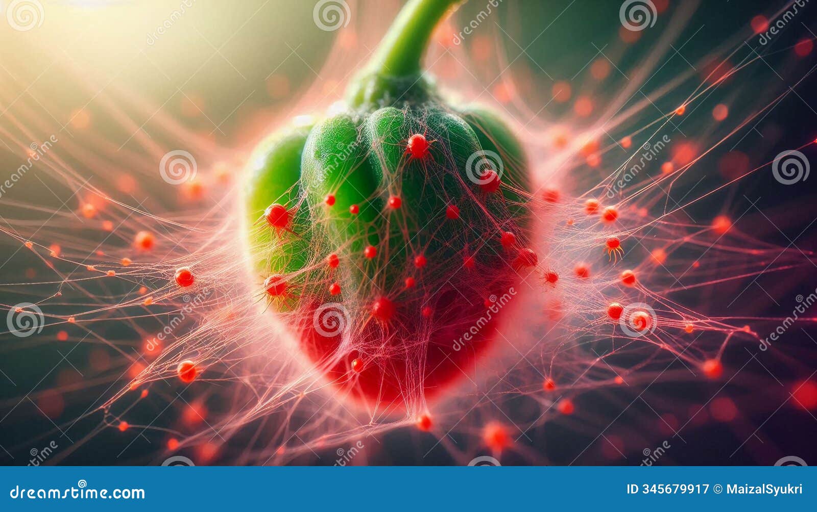 red spider mites weaving webs over green pepper with bokeh in 8k resolution