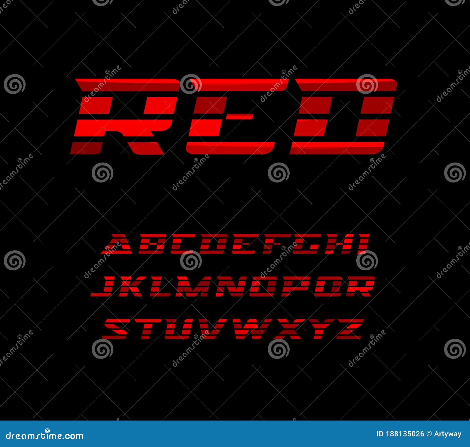 red sports font. wide letters with dynamical horizontal stripes.  alphabet characters for sport and racing. modern