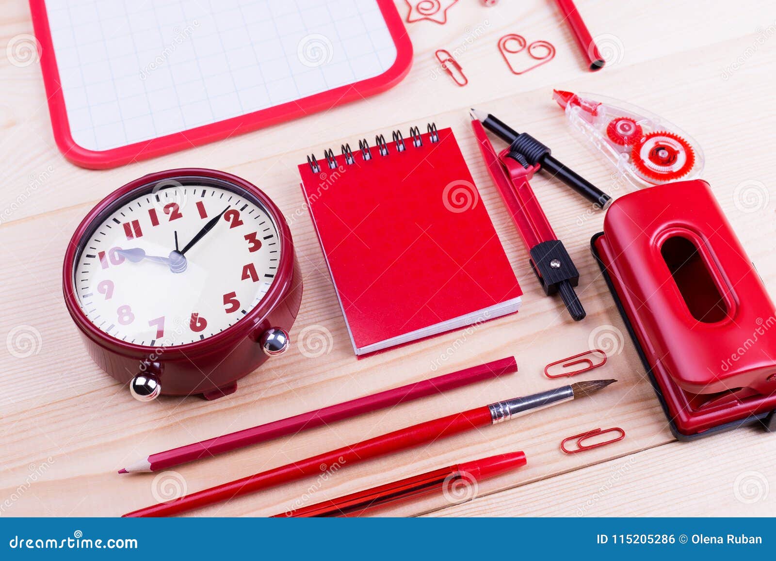 Red Stationery Objects on Table Stock Photo Image of draw, notebook