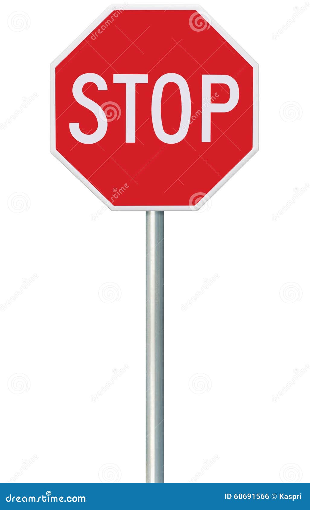 red stop sign,  traffic regulatory warning signage octagon, white octagonal frame, metallic post, large detailed vertical