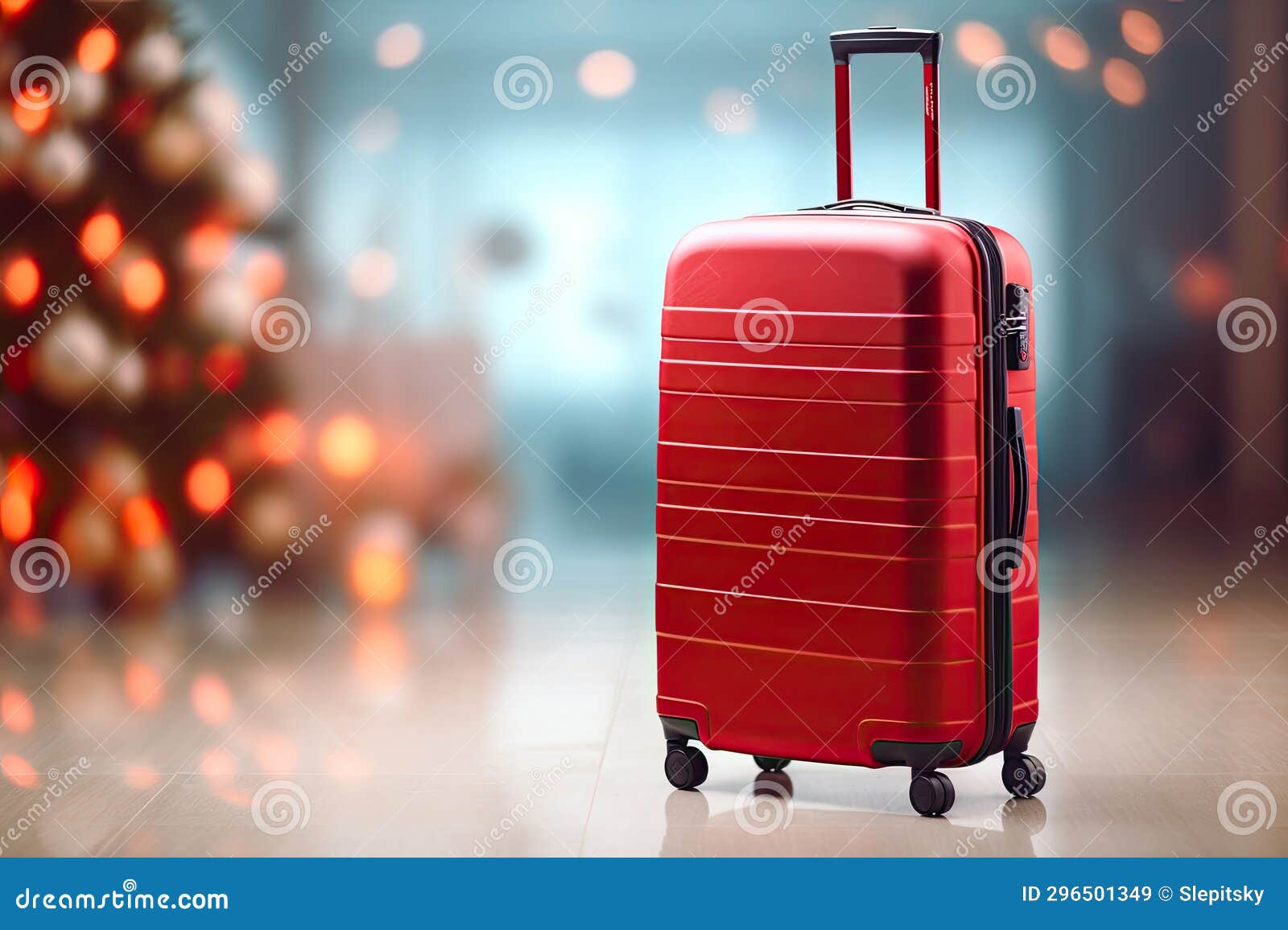 Red Suitcase Near Christmas Tree at the Airport Stock Image Image of