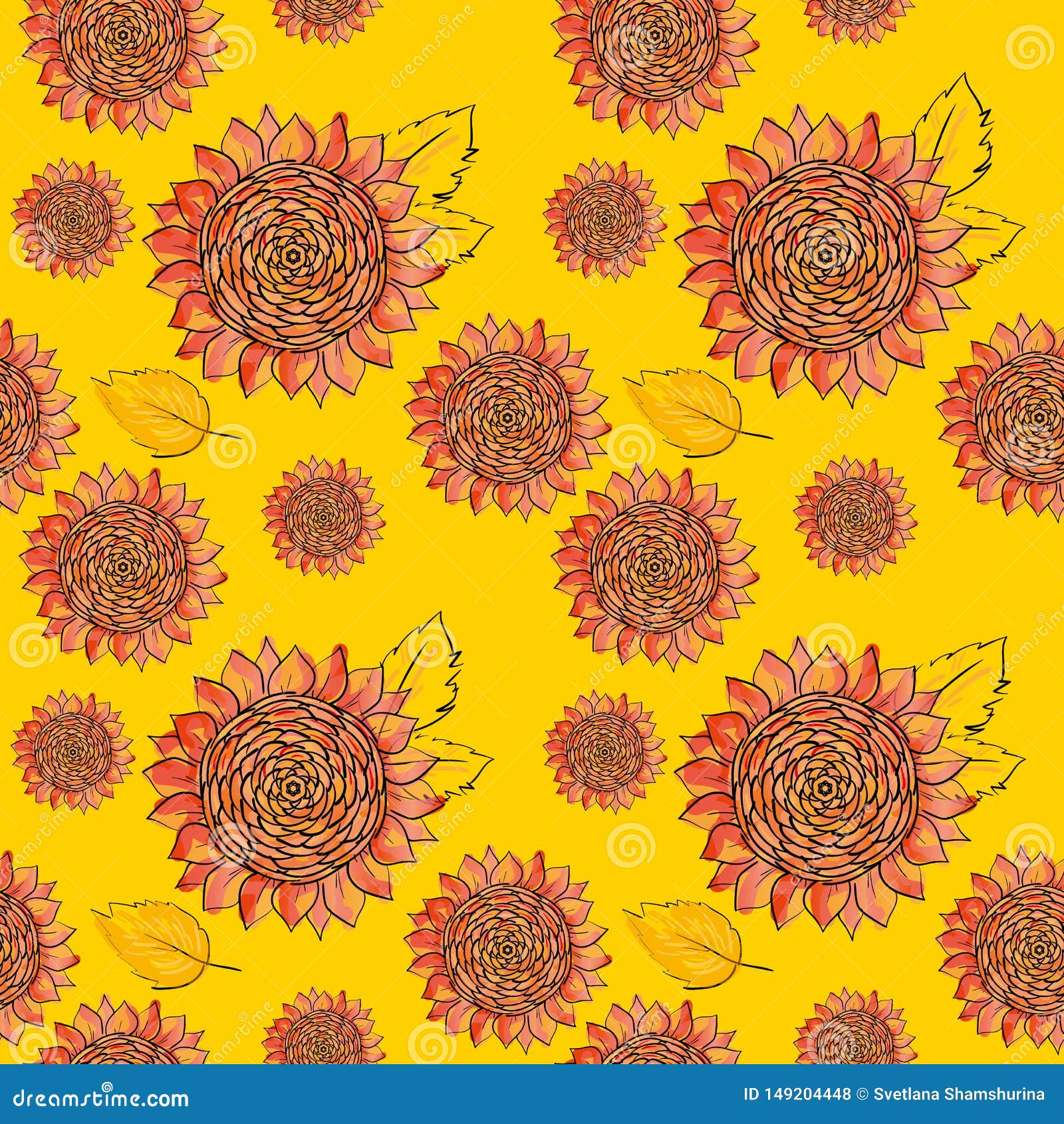 Download Red Sunflower Vector Seamless Pattern With Leaves ...