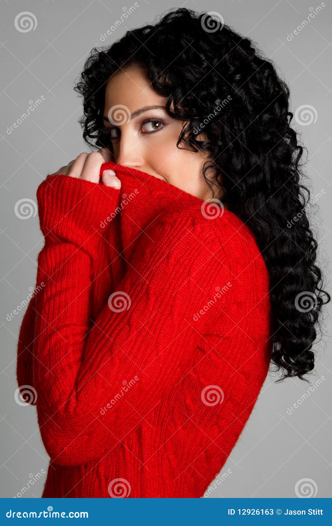 Red Sweater Girl stock image. Image of women, curly, mouth 12926163