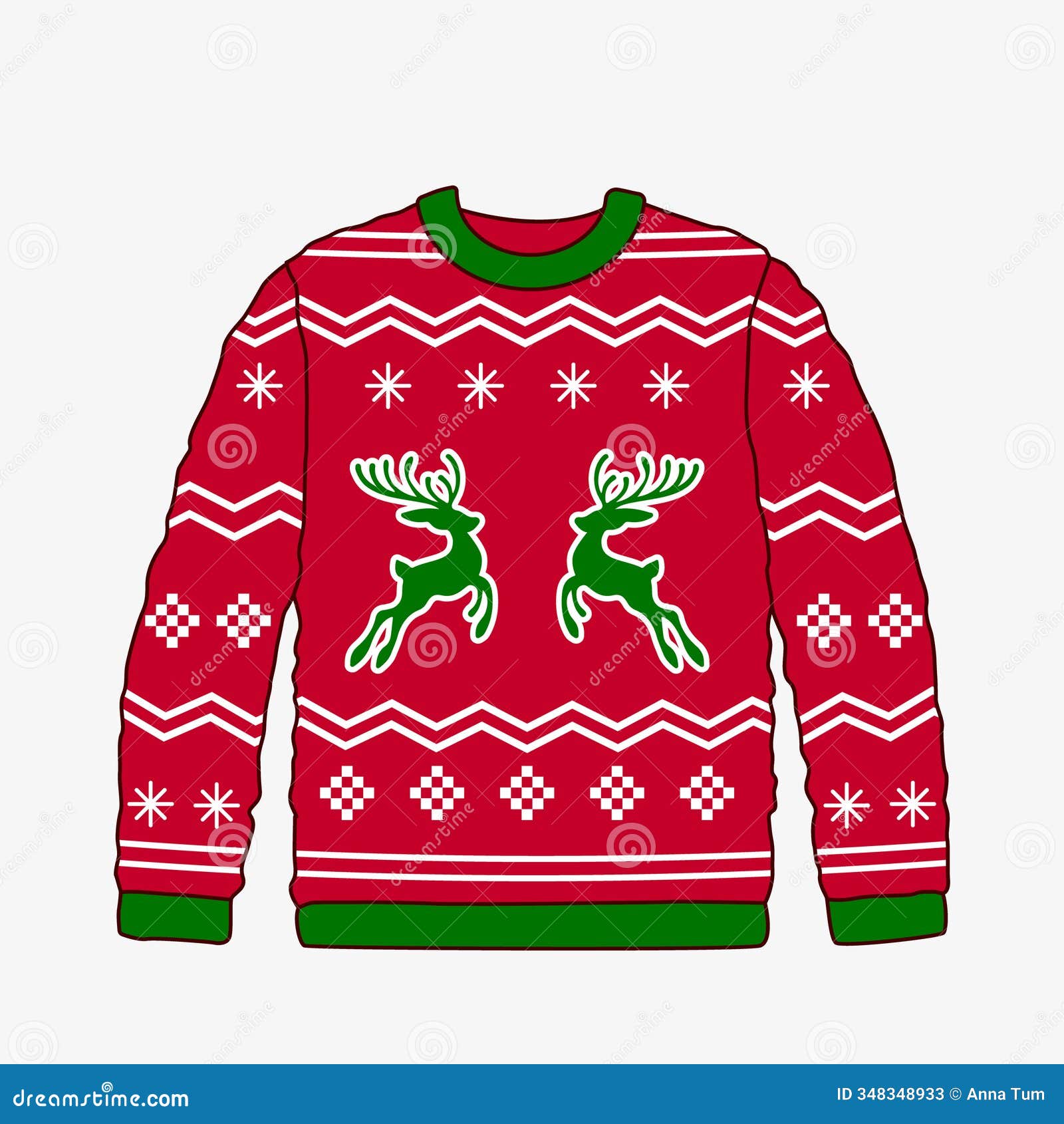 red sweater with scandinavian pattern and deer ornament. ugly sweater for christmas party.   on white