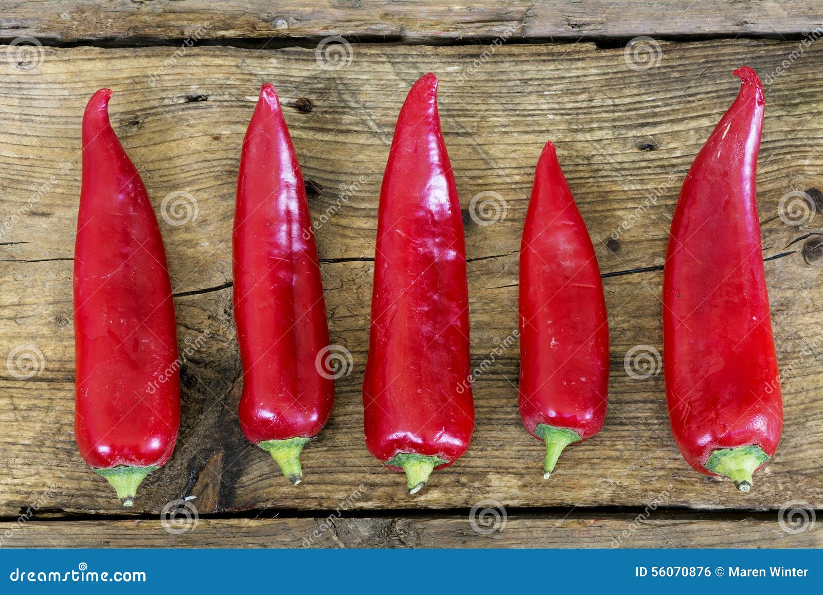 Red Sweet Pointed Peppers in a Row on Rustic Wood Stock Photo Image