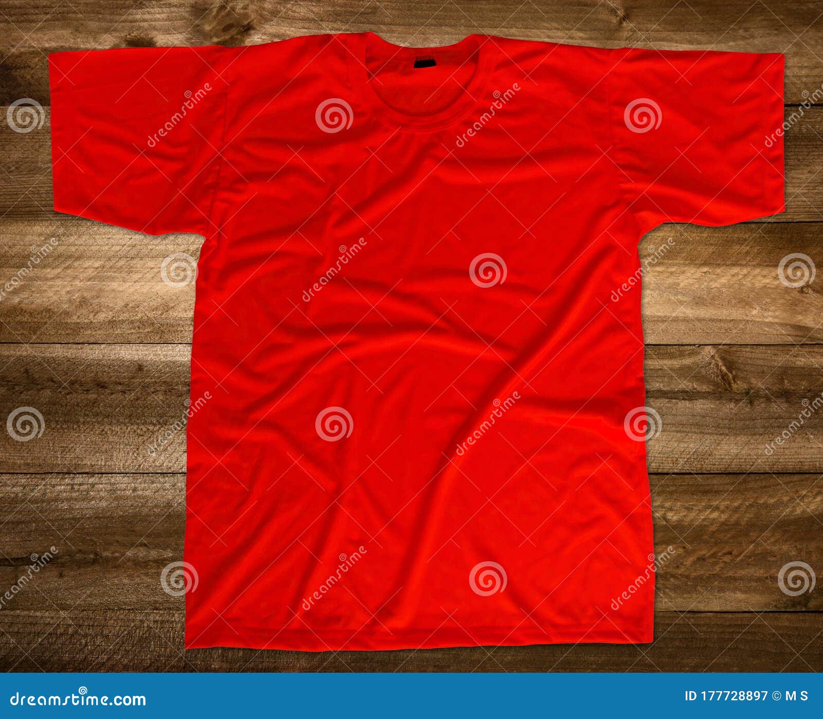 Download Red T-shirt Mockup Front View Wooden Background Stock ...