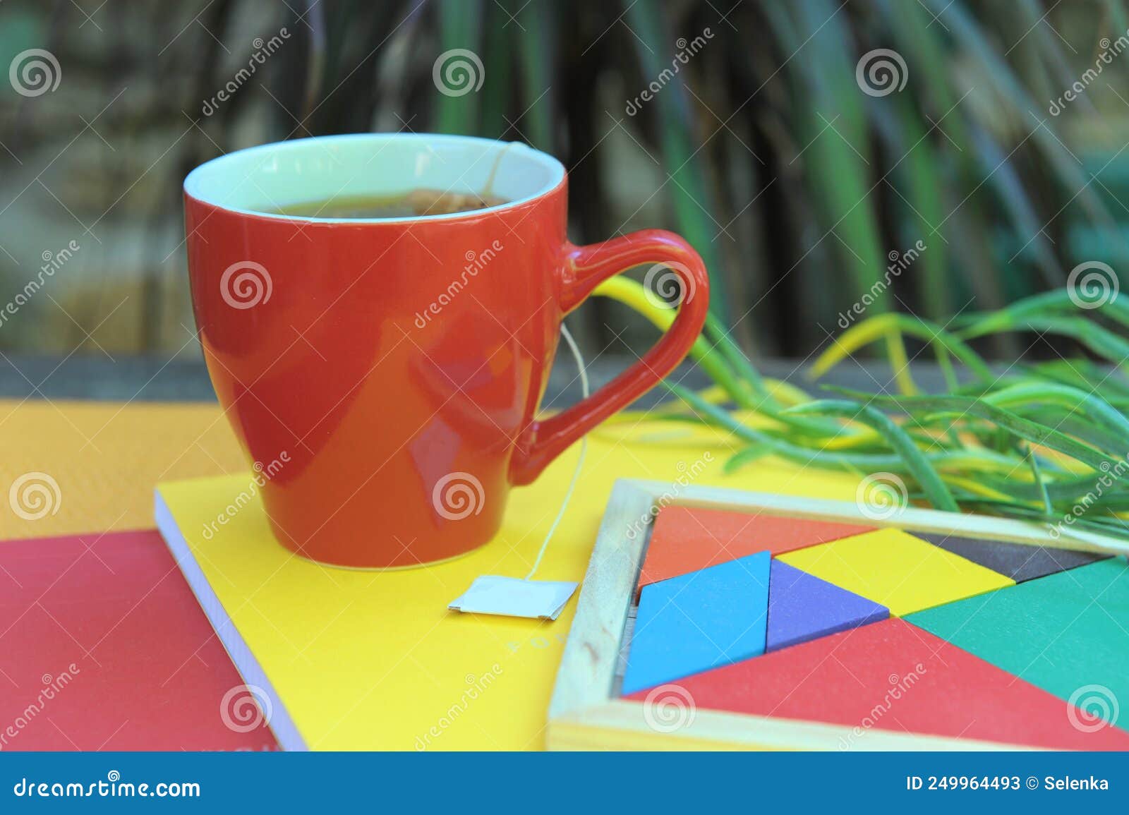 red tea empty space mug mockup, outdoor photo