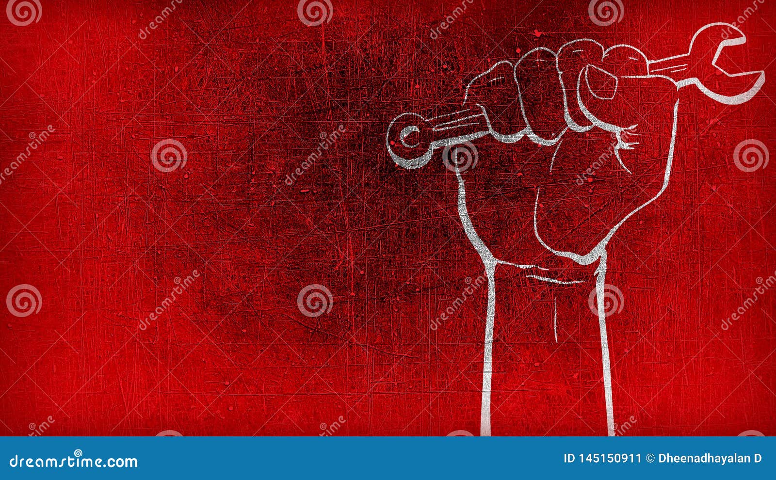 red textured background with rastro textured red gradient background with white hand in spanner for labor day may day