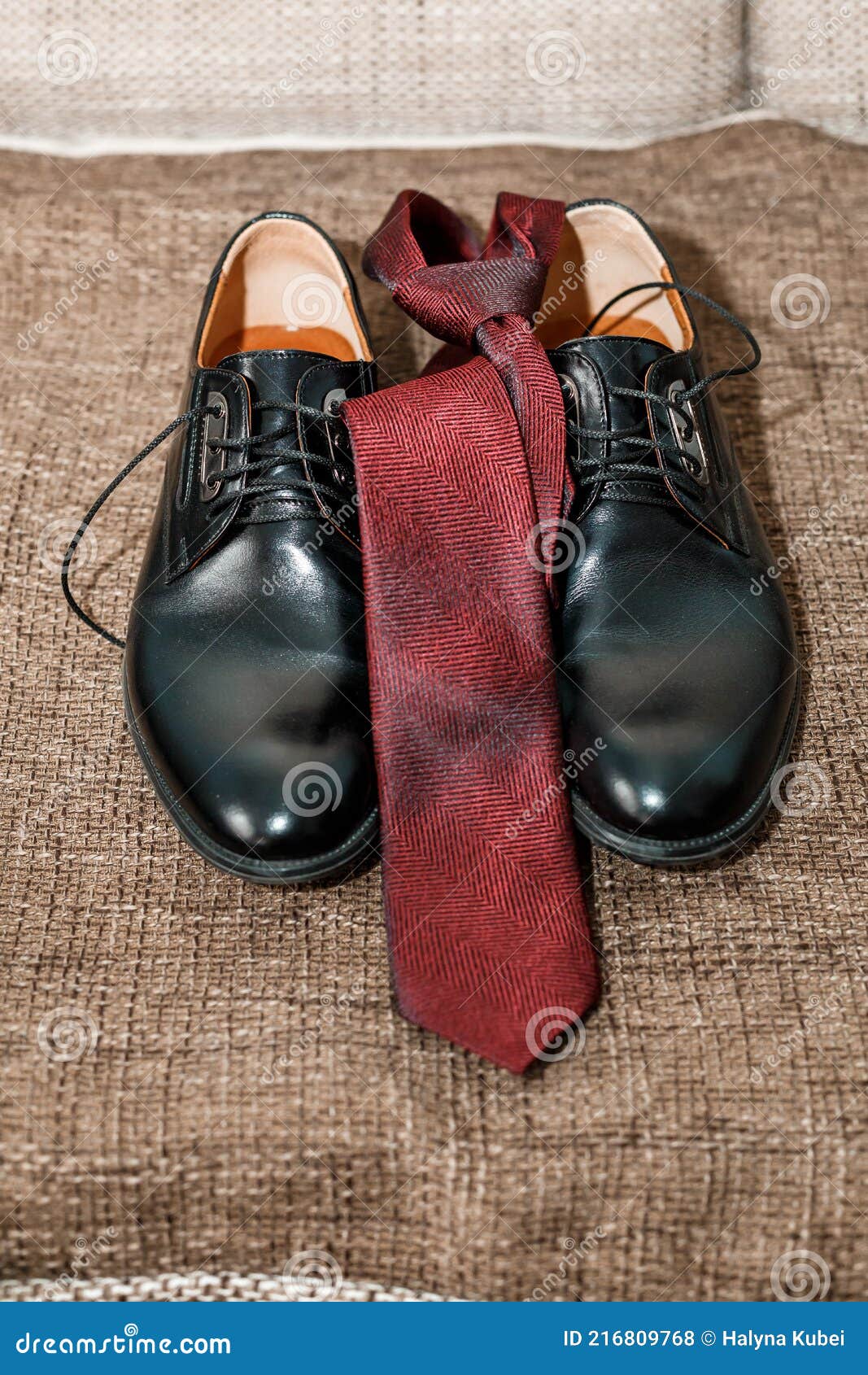 Red Tie and Black Leather Men S Shoes. Groom S Accessories Stock Photo ...