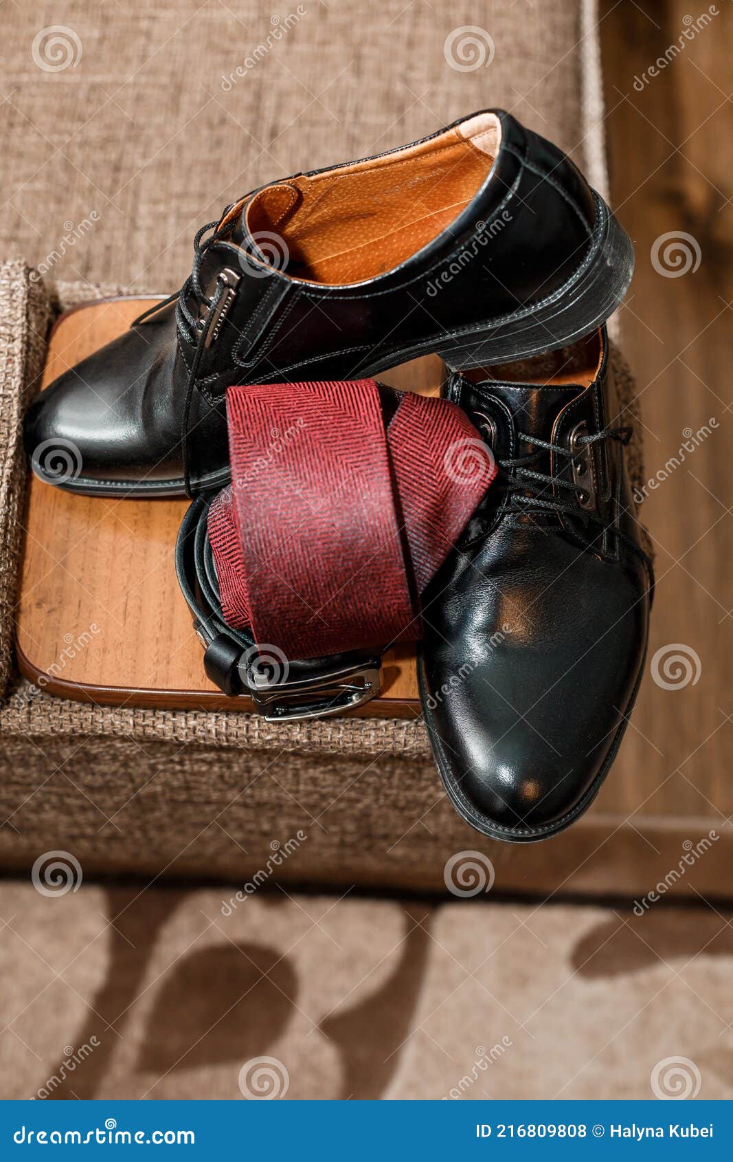 Red Tie and Black Leather Men S Shoes. Groom S Accessories Stock Photo ...