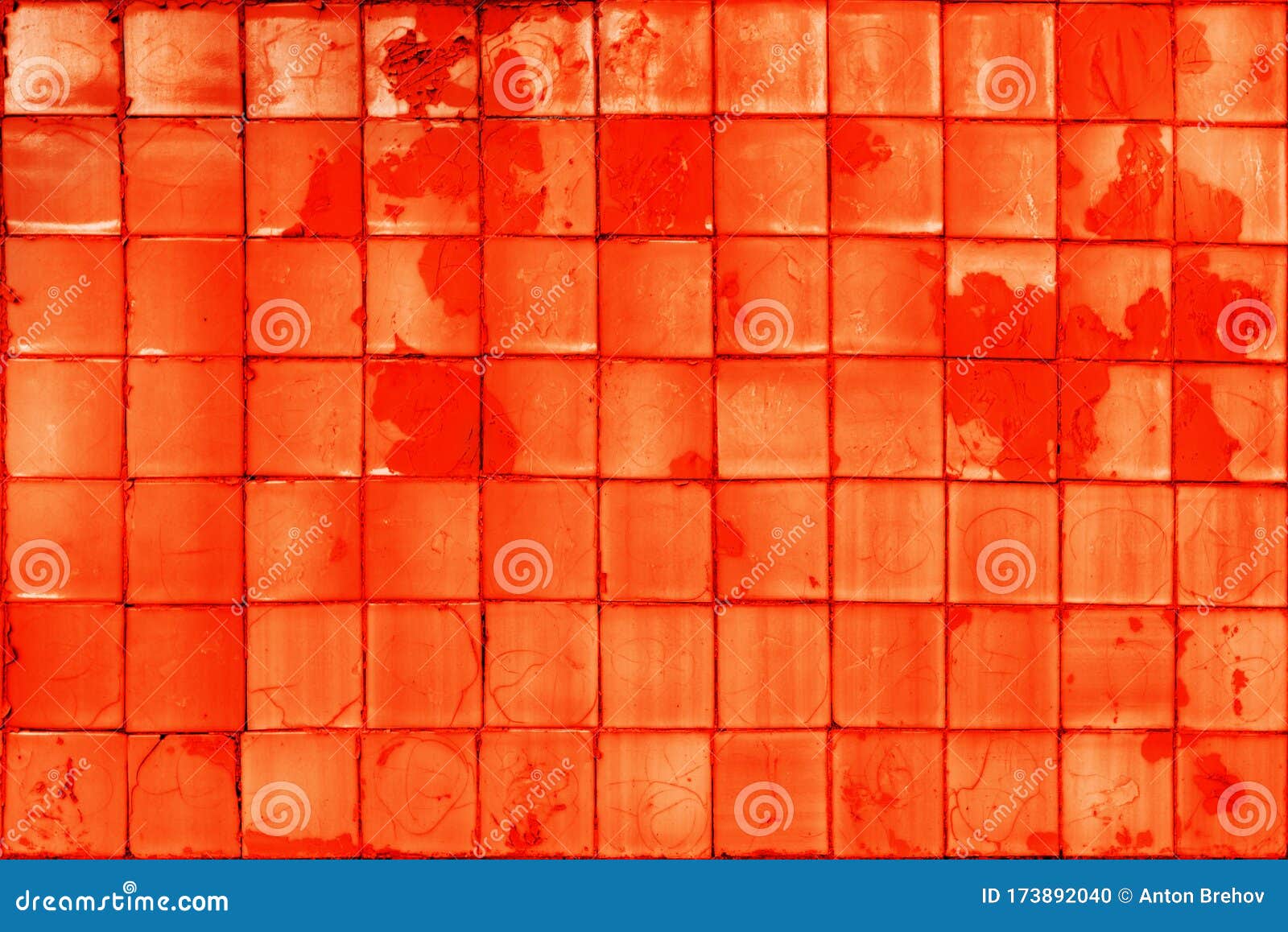 Red Tile Background. Old Cracked Paint on the Wall. Uneven Square