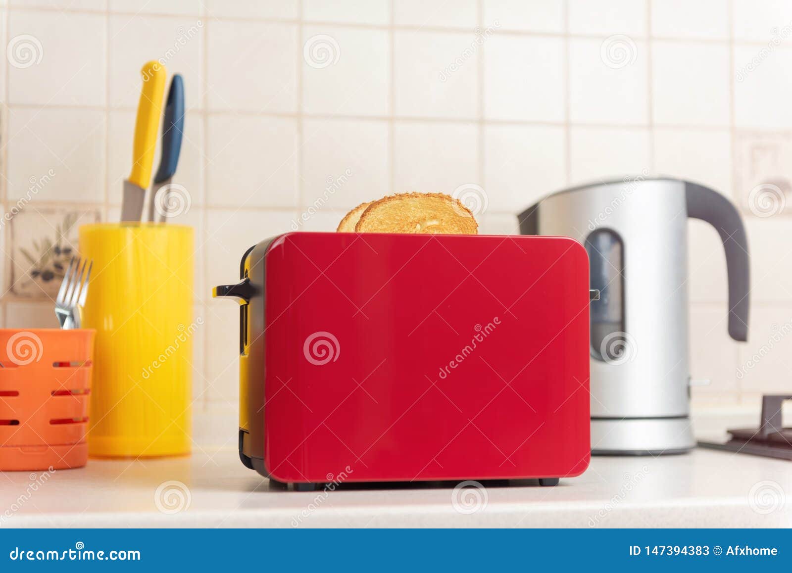 Red Toaster with Ready Toasts in the Kitchen. Stock Image Image of shiny, home 147394383