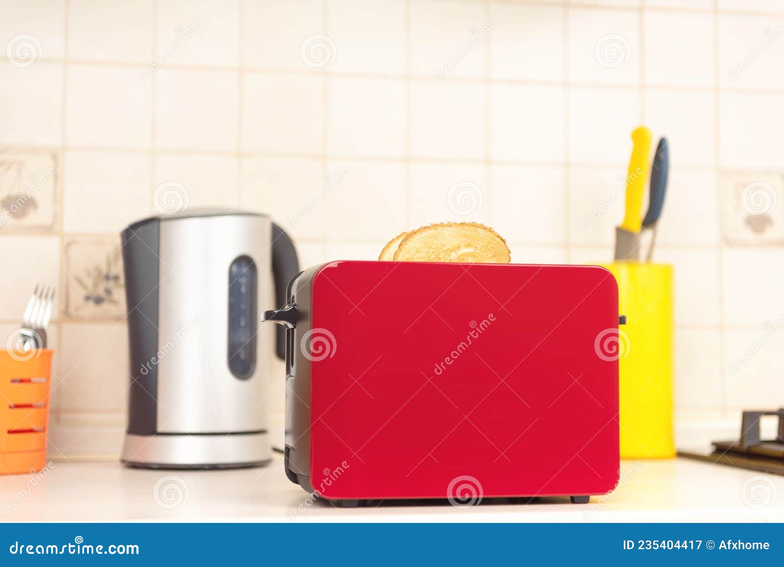 Red Toaster with Ready Toasts in the Kitchen Stock Image Image of meal, delicious 235404417