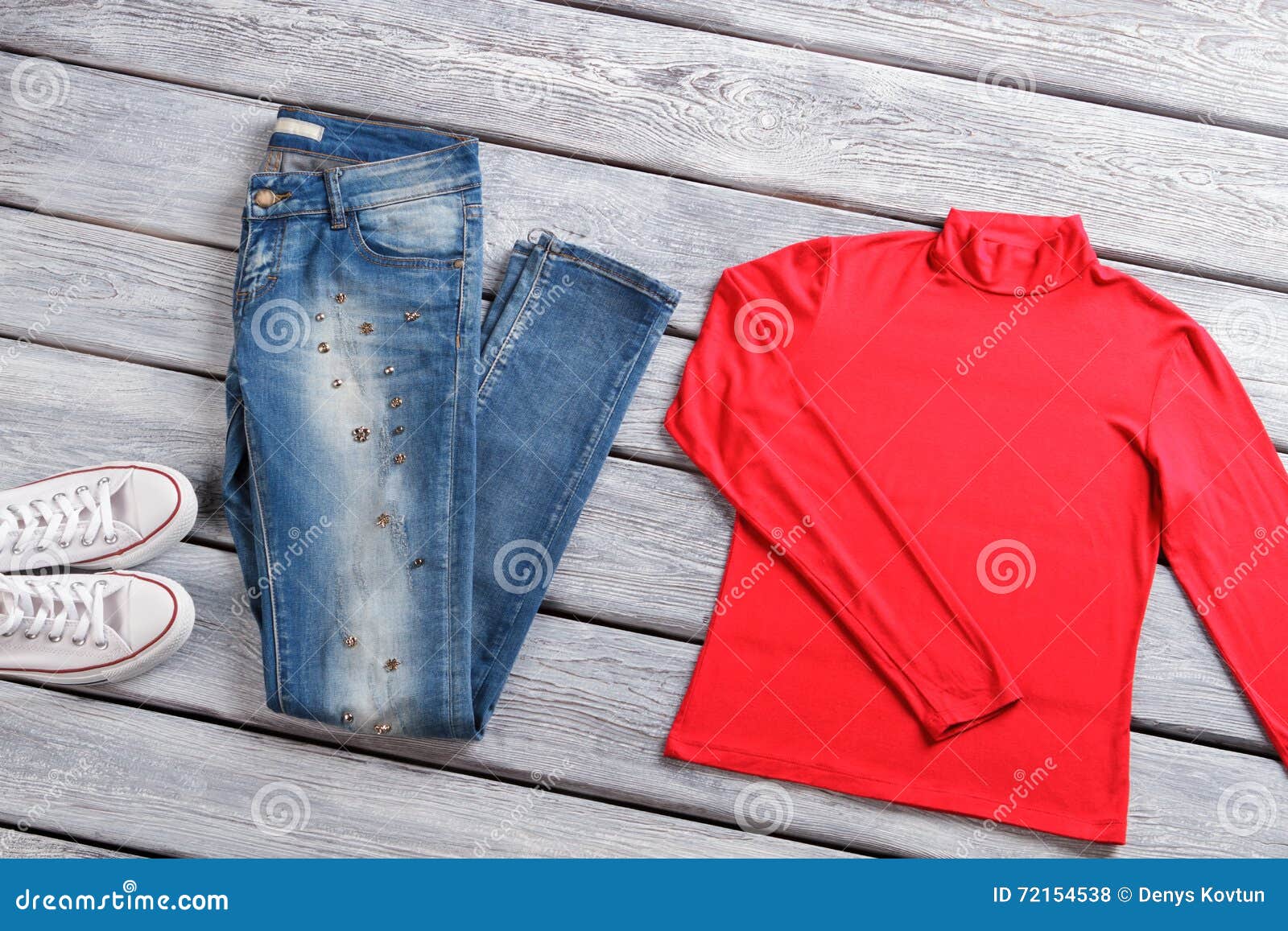 Red top and blue jeans. stock photo. Image of rubber - 72154538