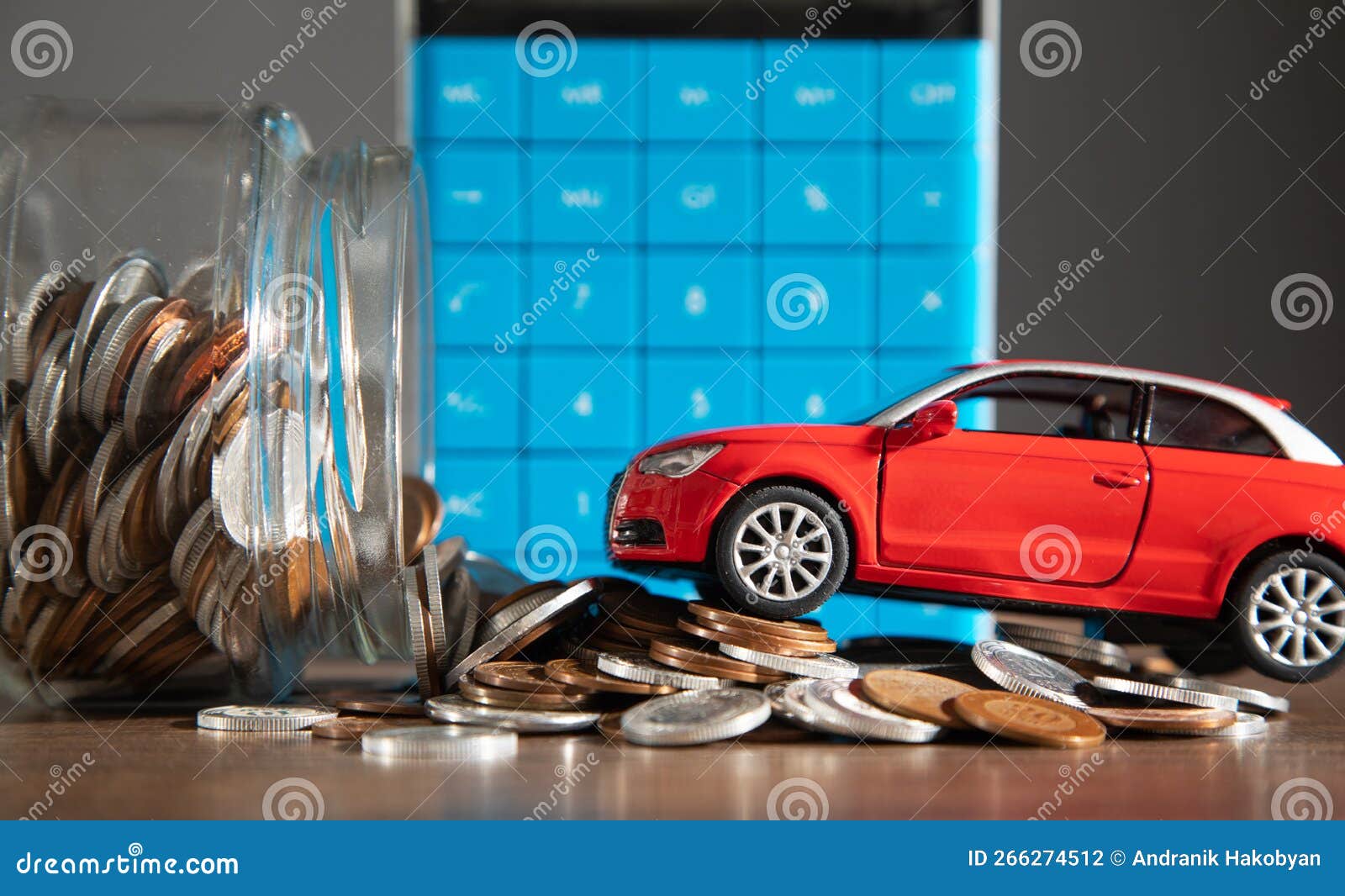 Red Toy Car and Coins on the Desk Stock Photo Image of bank, rental