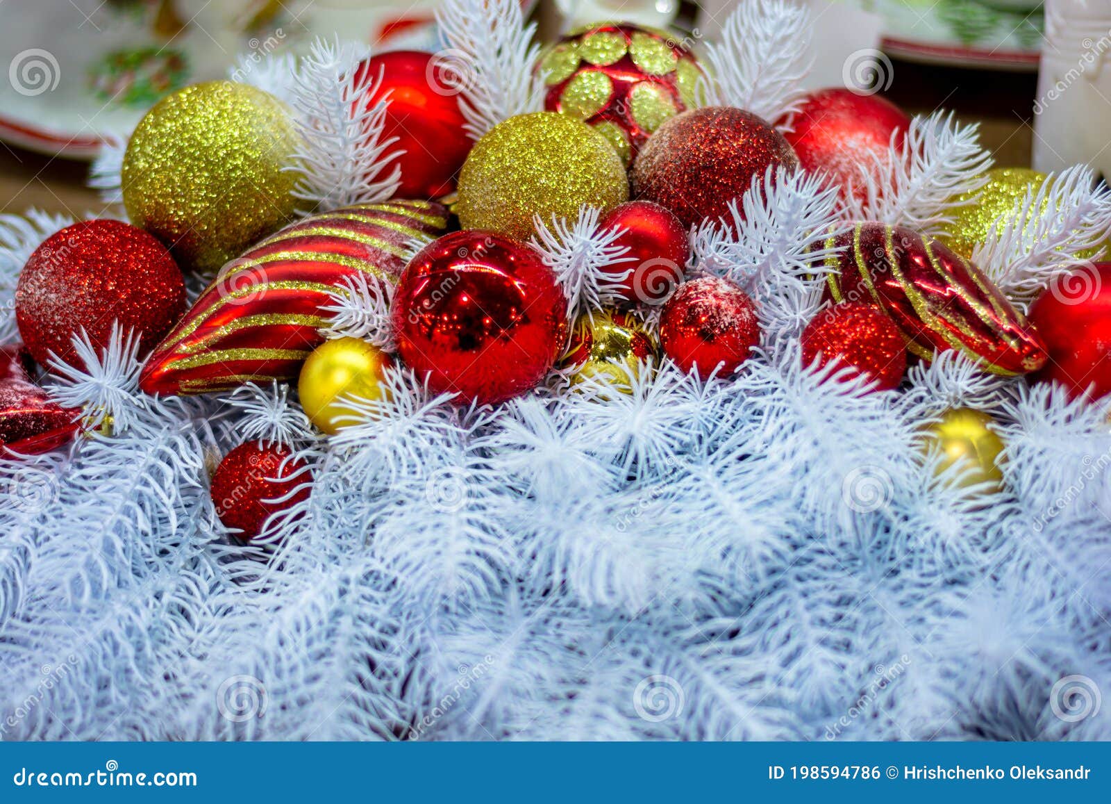 Red Toys on White Branches of a Christmas Tree Stock Photo Image of