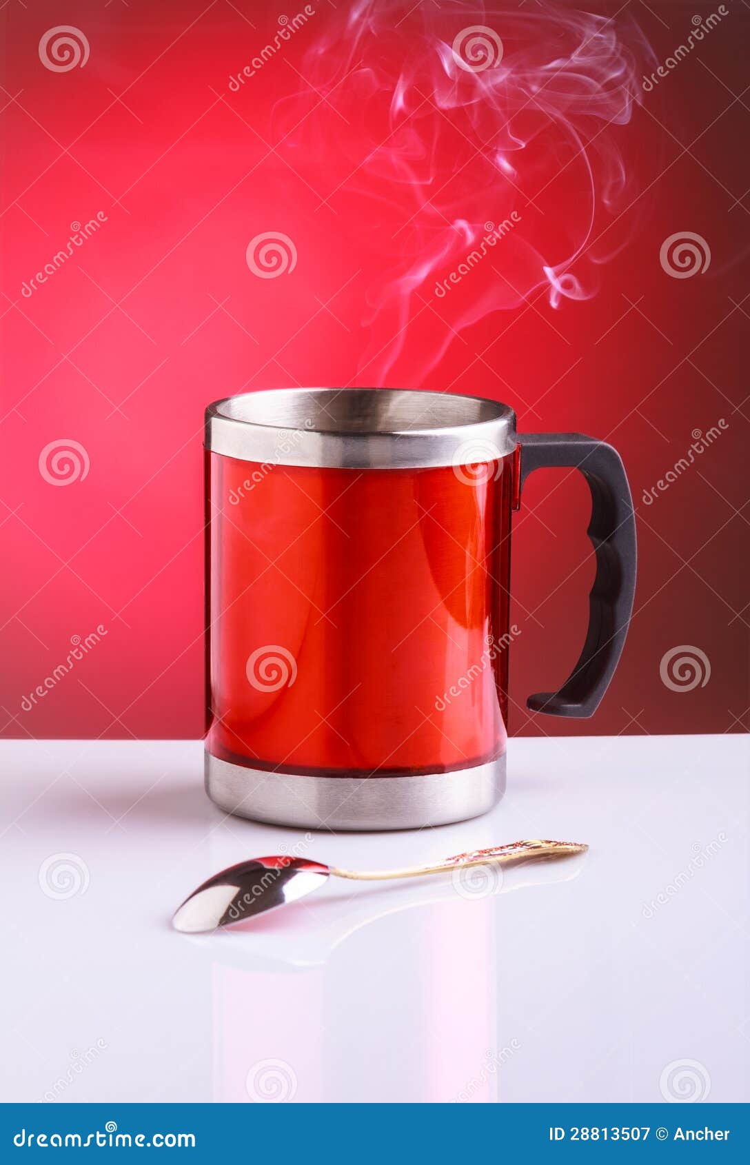 Red Travel Mug with Hot Tea and Spoon Stock Image Image of insulating