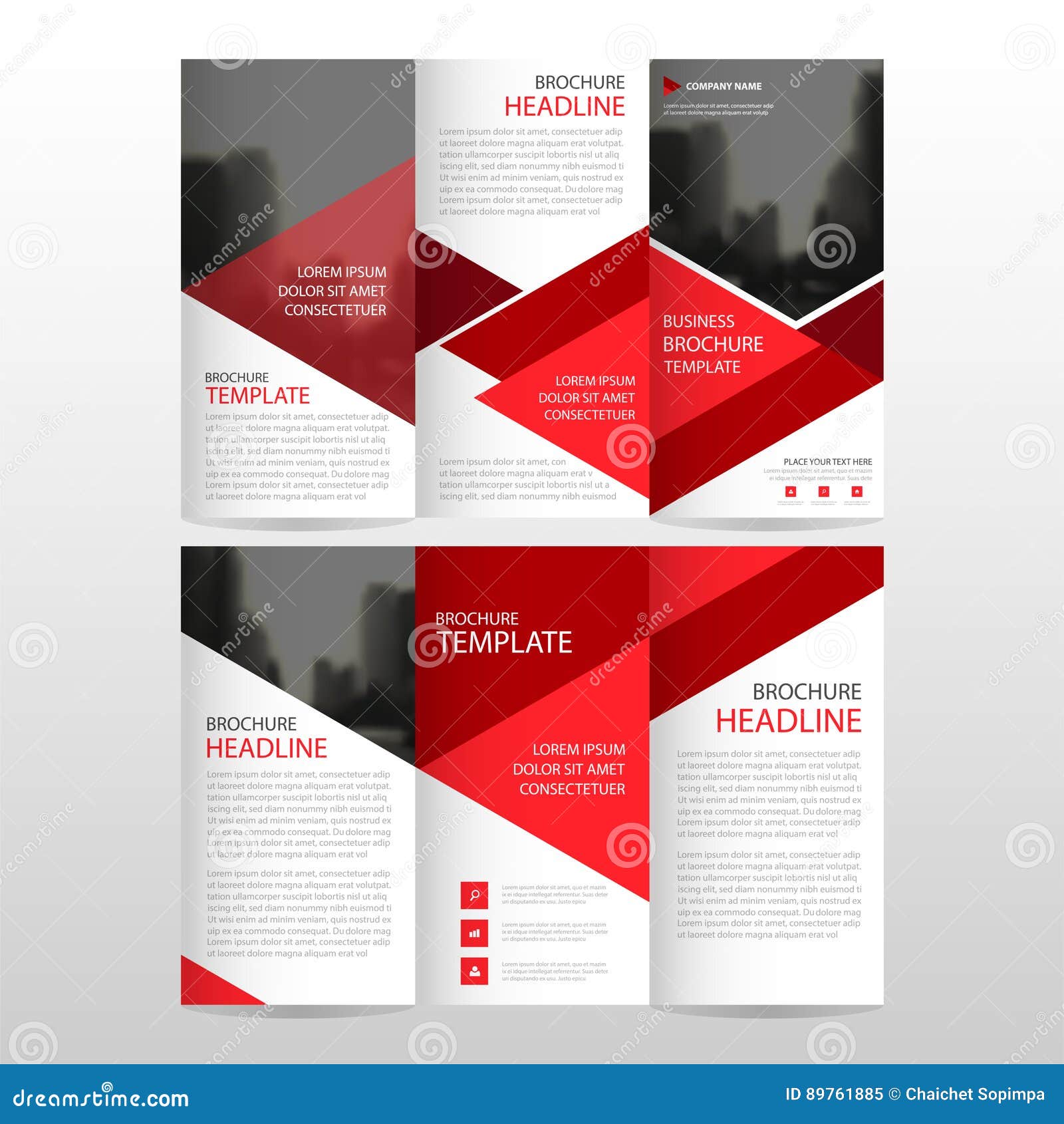 red triangle business trifold leaflet brochure flyer report template  minimal flat  set, abstract three fold