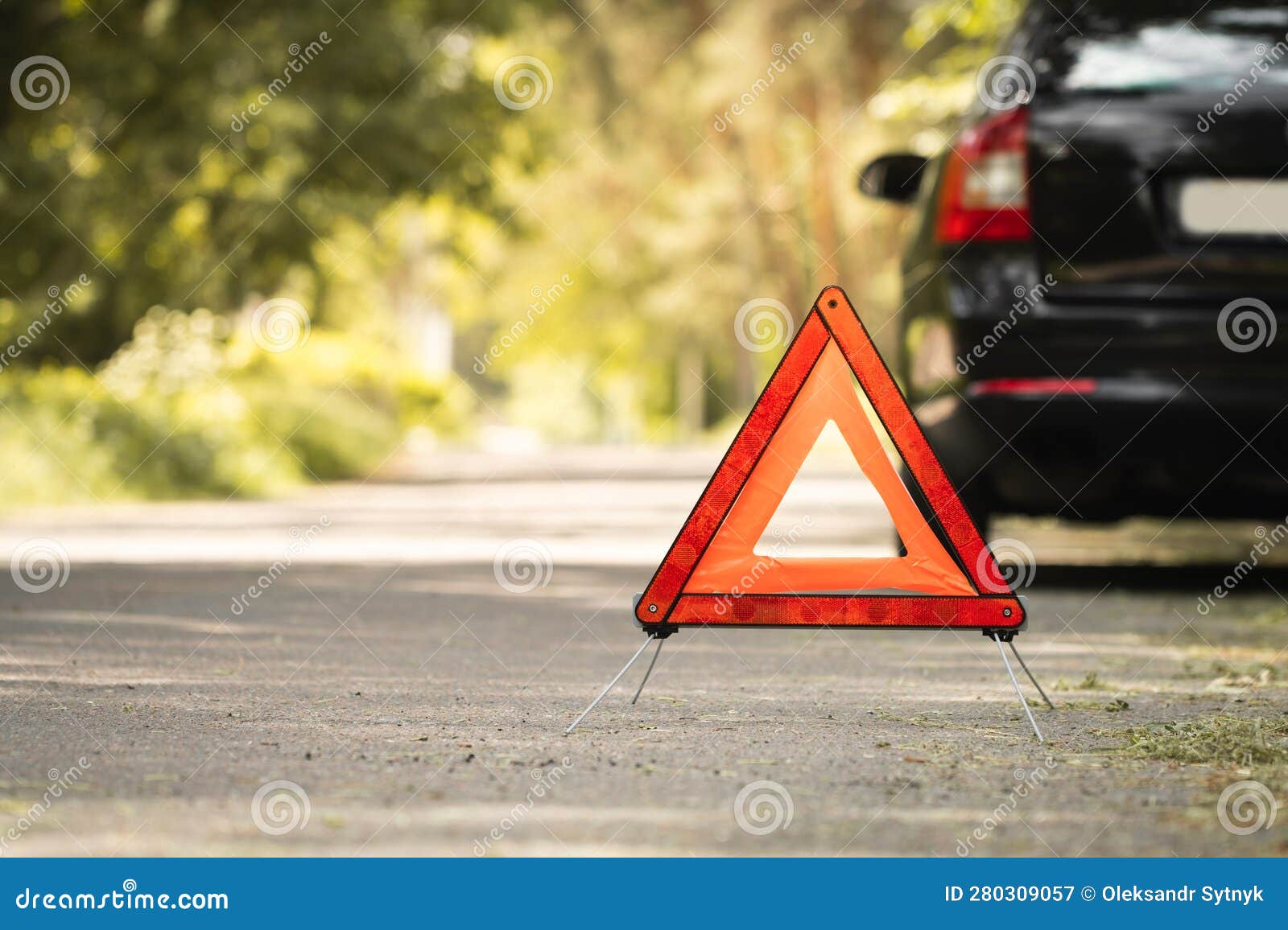 Red Triangle, Red Emergency Stop Sign and Black Car with Technical