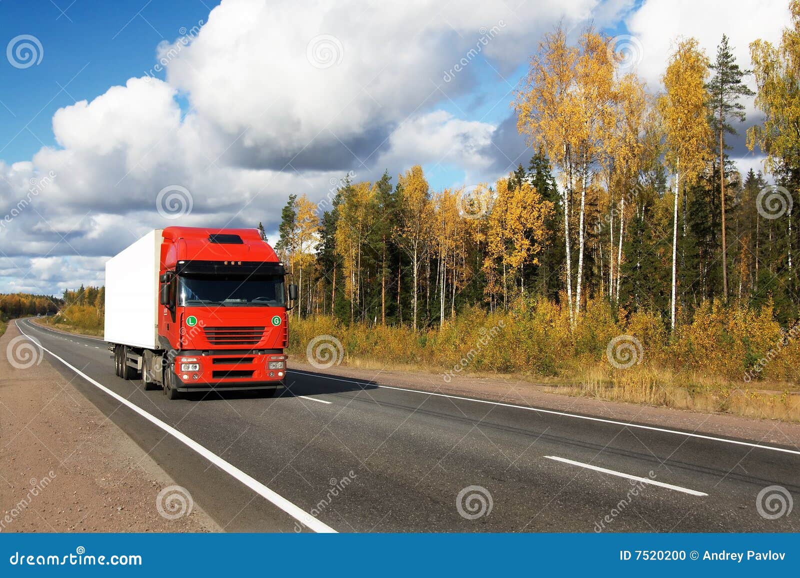 Red Truck on Autumn Highway Stock Photo Image of furtree, delivery