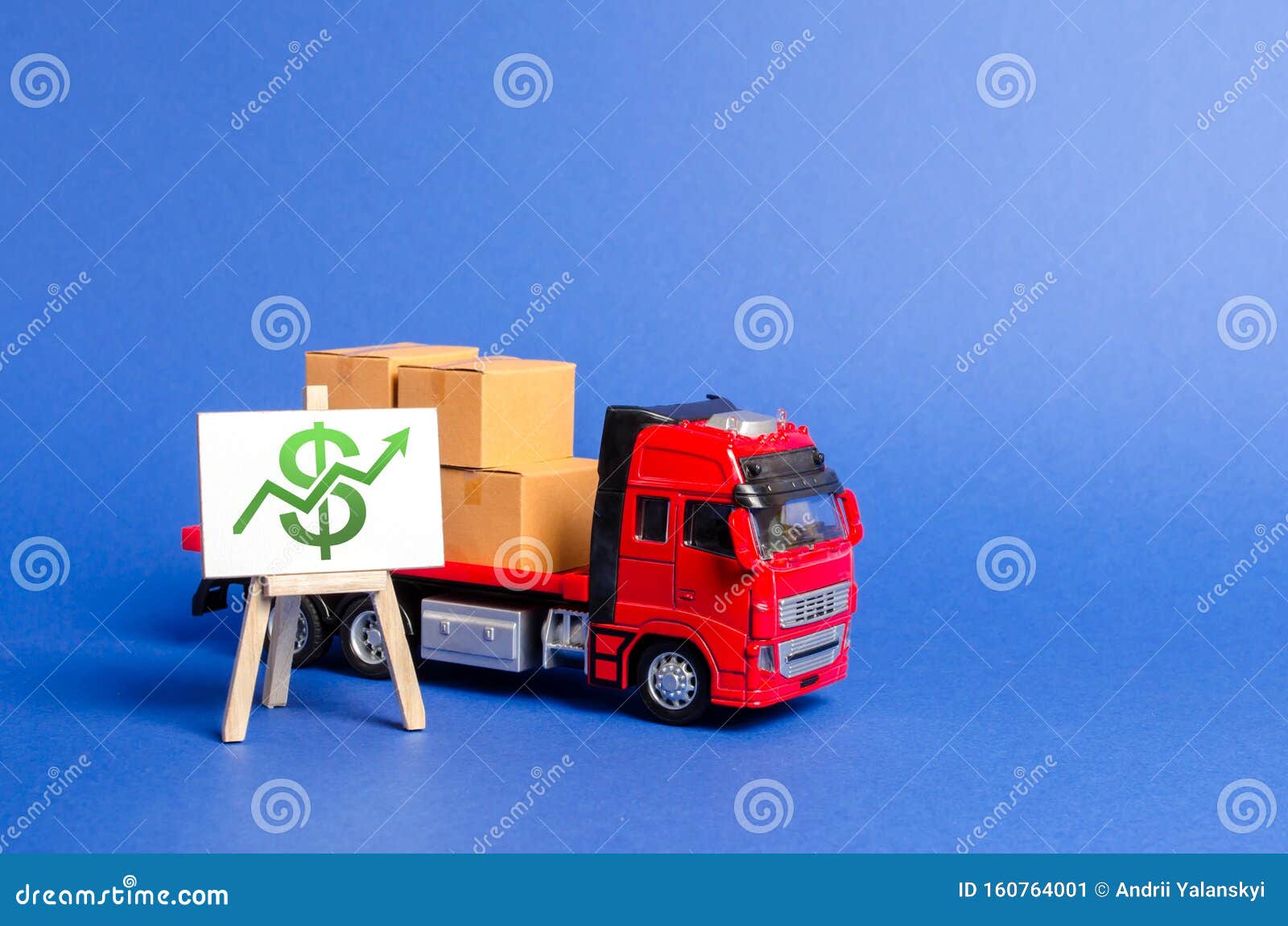 red truck loaded with boxes and stand with a green dollar up arrow. raise economic indicators and sales. exports imports