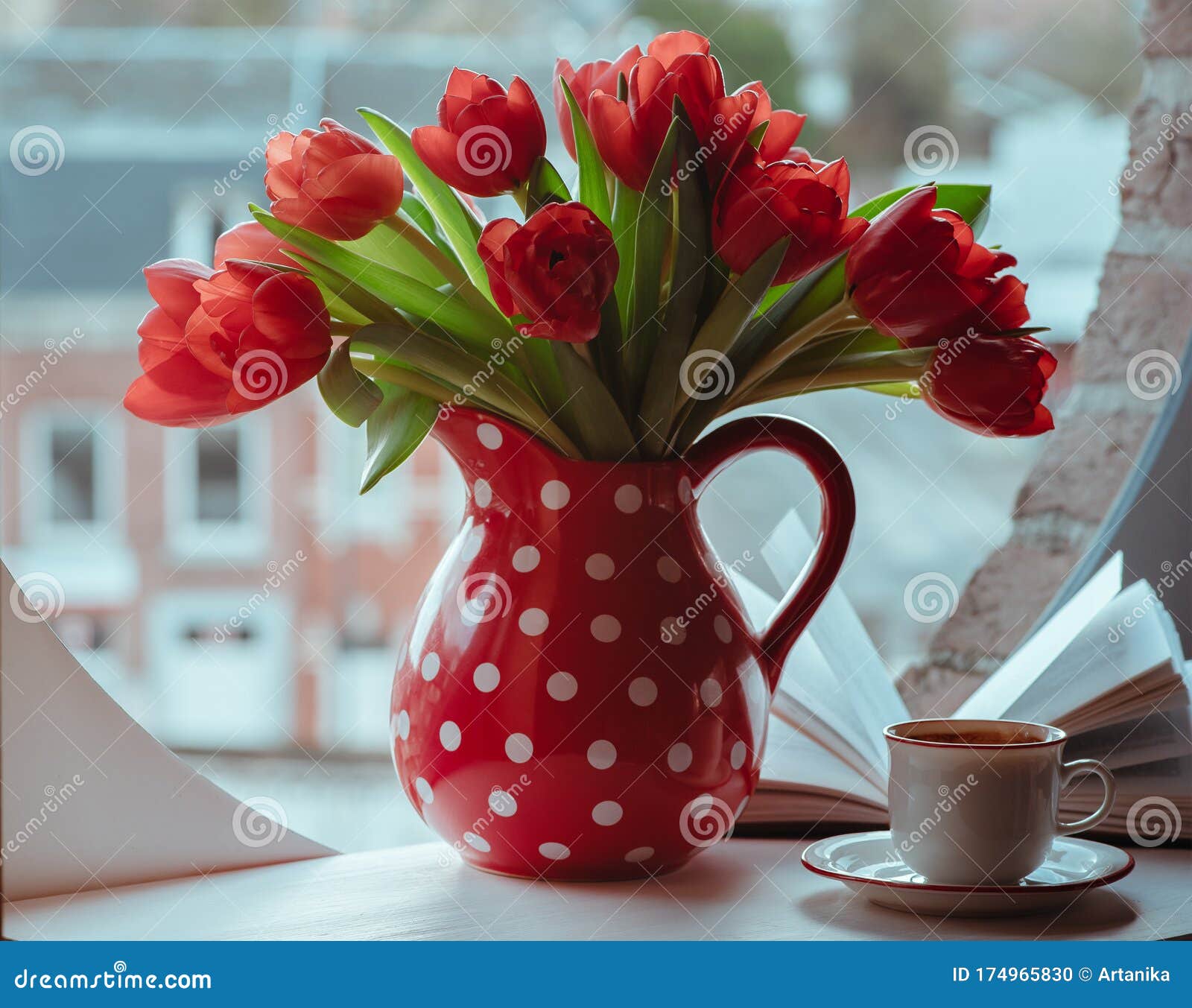 Red Tulips and Cup of Coffee Stock Photo - Image of view, book: 174965830