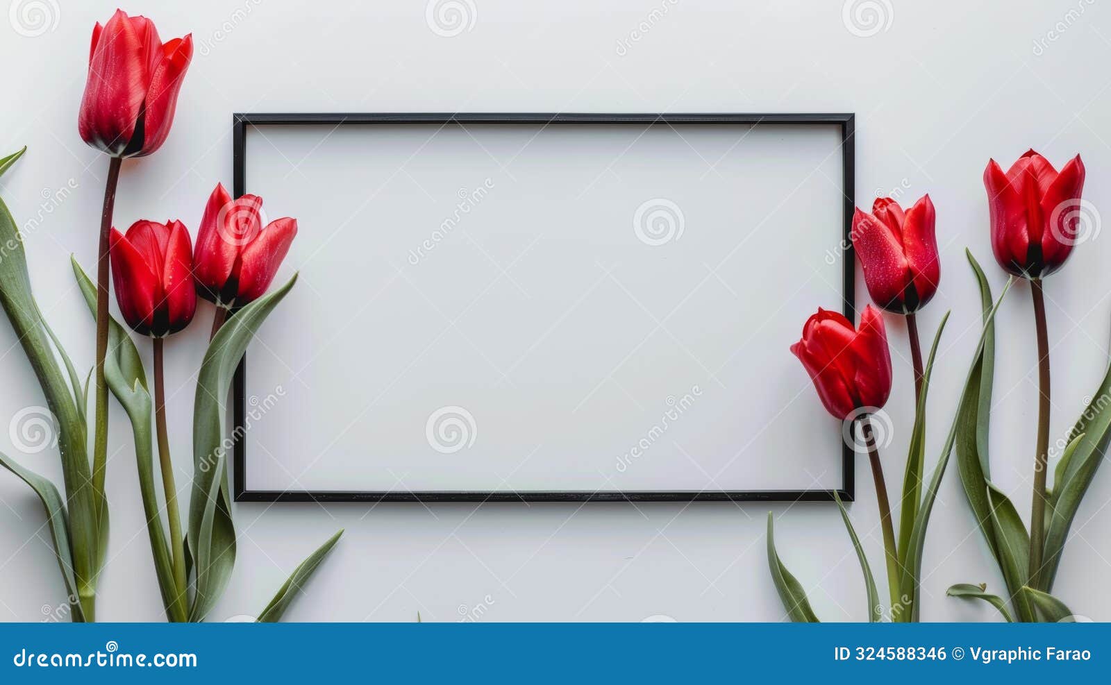 red tulips surrounding empty black frame on white background, minimalistic composition. spring floral concept