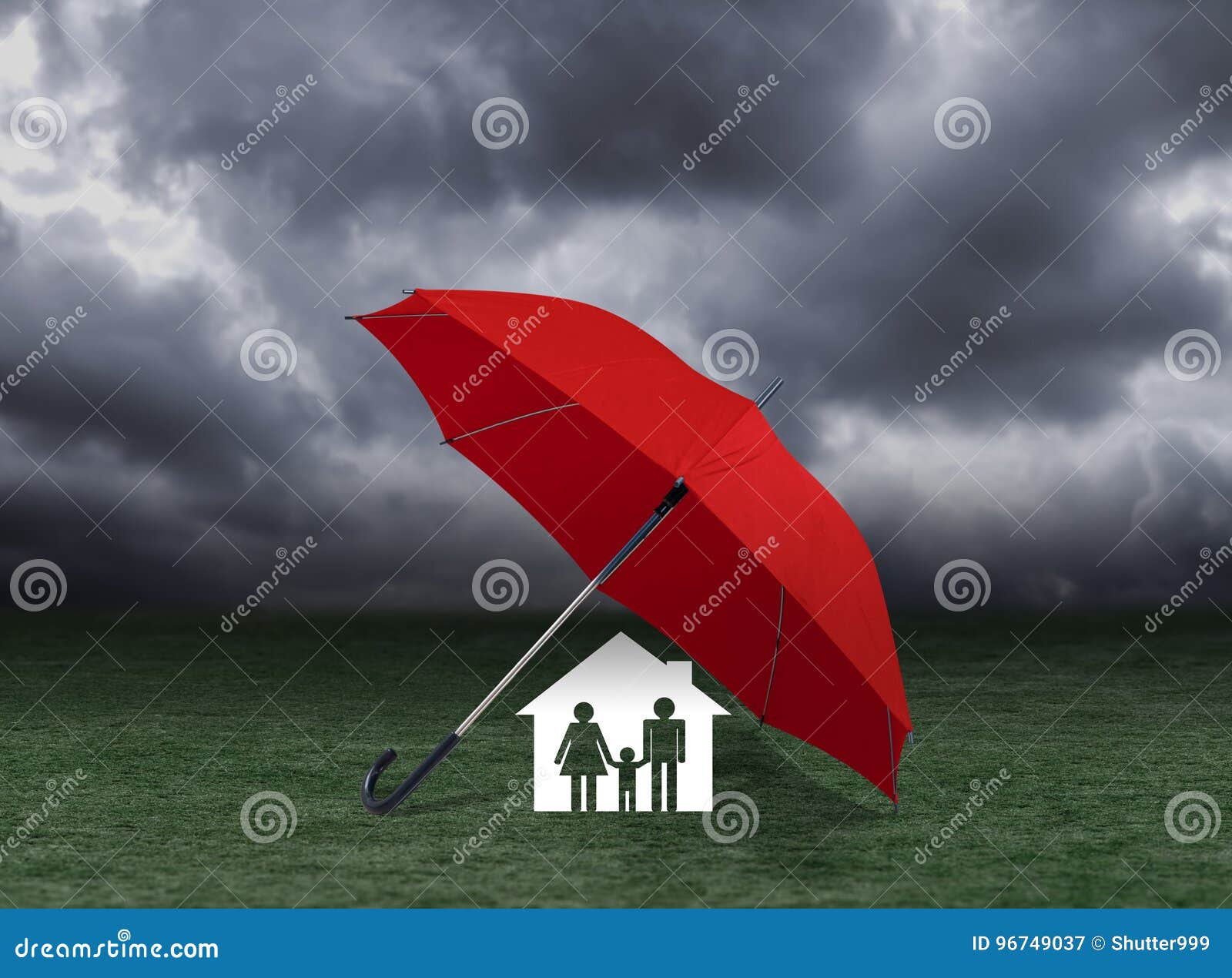 red umbrella covering home and family under rain, insurance