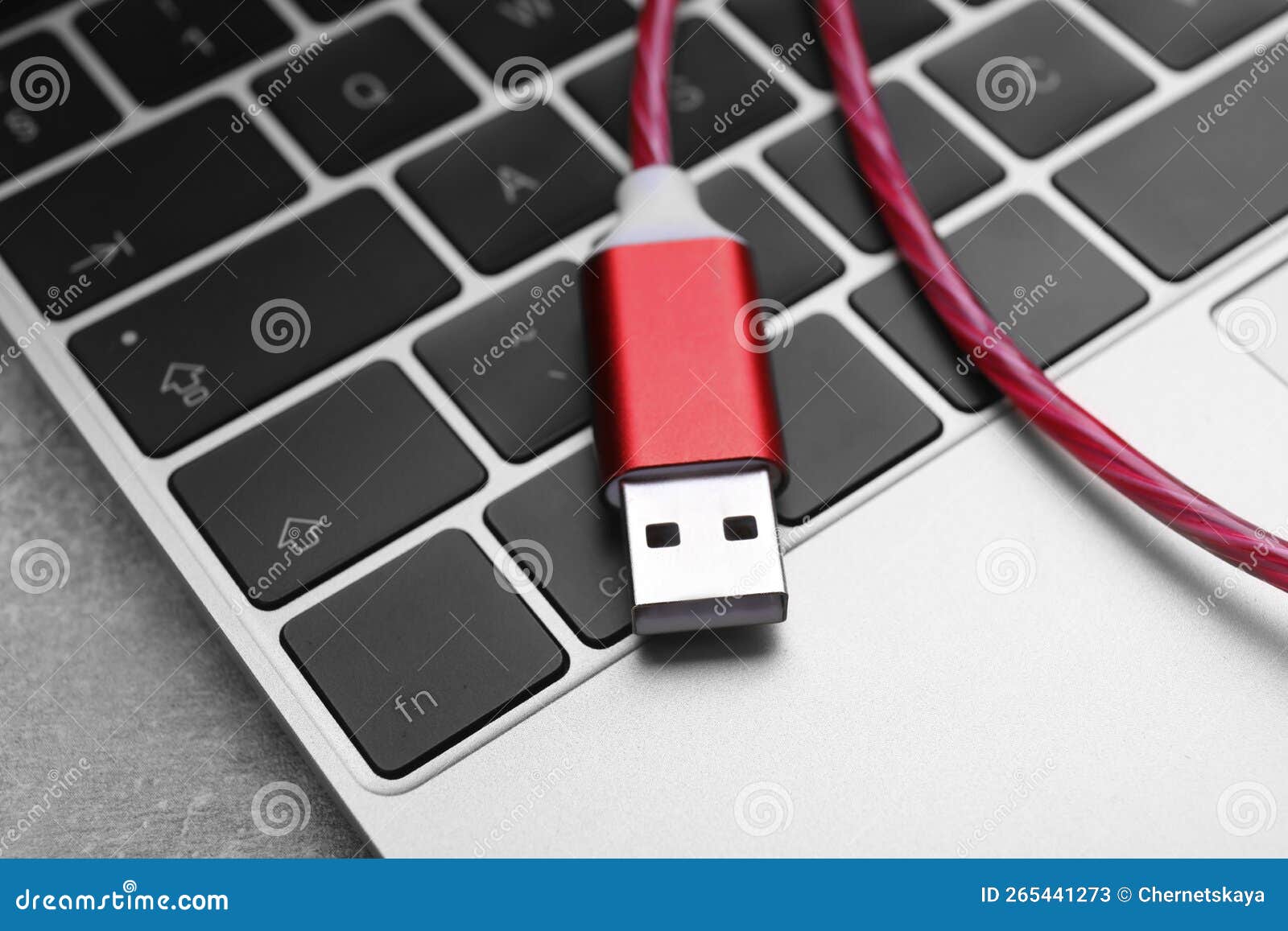 Red USB Cable and Laptop on Grey Table, Closeup Stock Image Image of