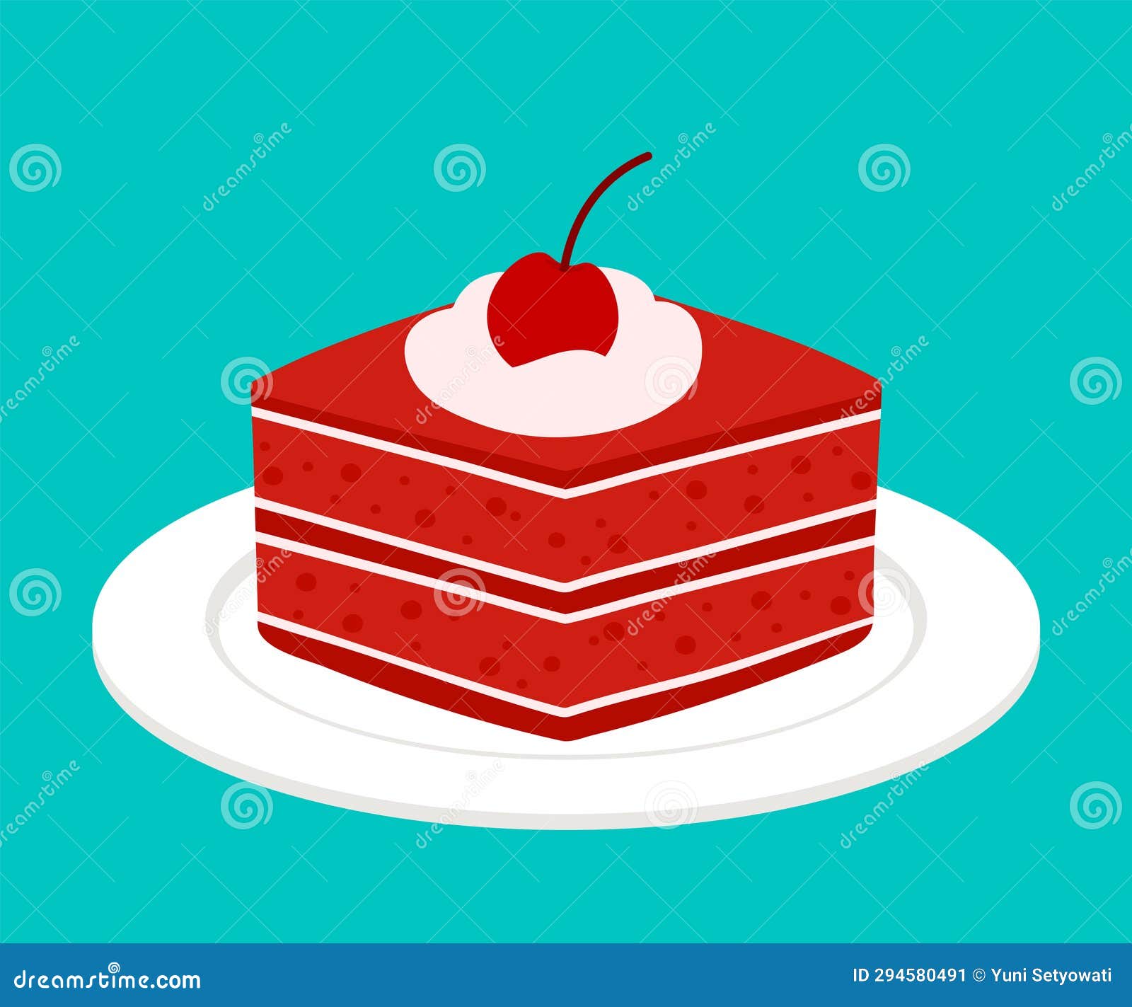 Red Velvet Cake Piece Cute Cartoon Sweet Dessert Bakery Pastry Vector