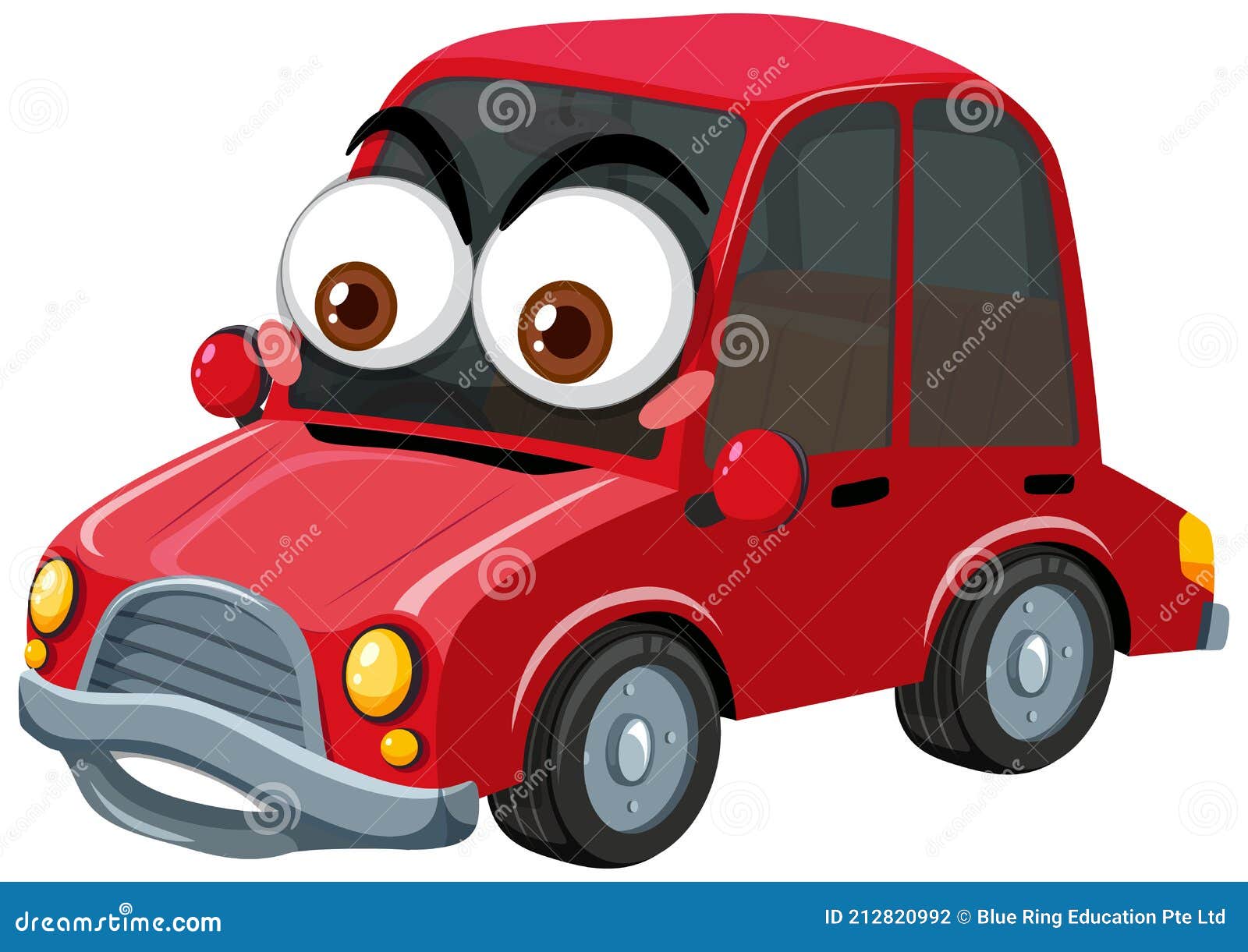 Red Vintage Car Cartoon Character with Face Expression on White