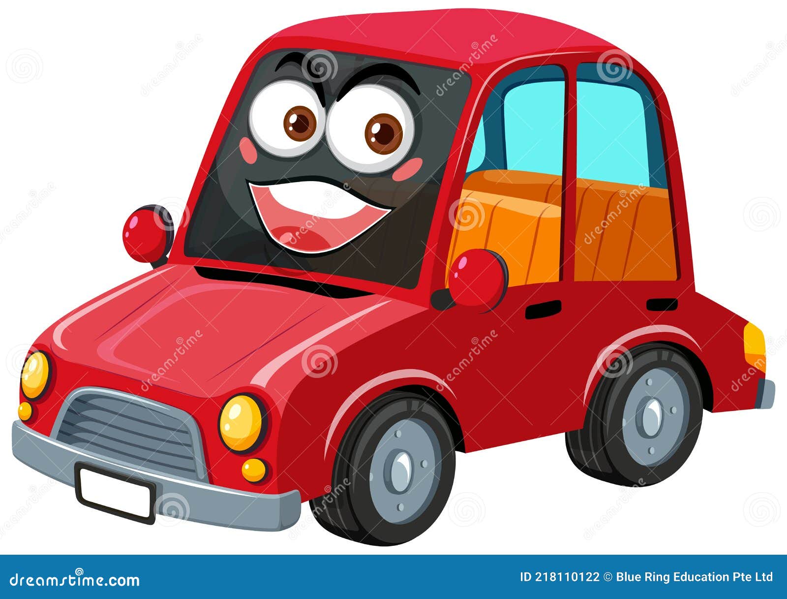 Red Vintage Car Cartoon Character with Happy Face Expression on White