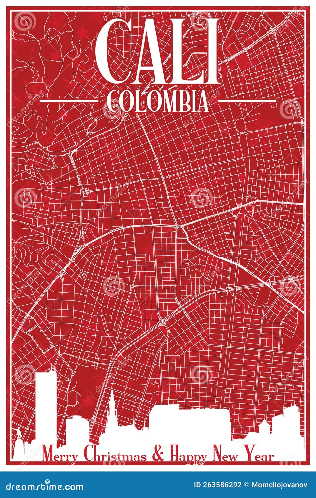 Christmas Postcard of the Downtown CALI, COLOMBIA Stock Vector